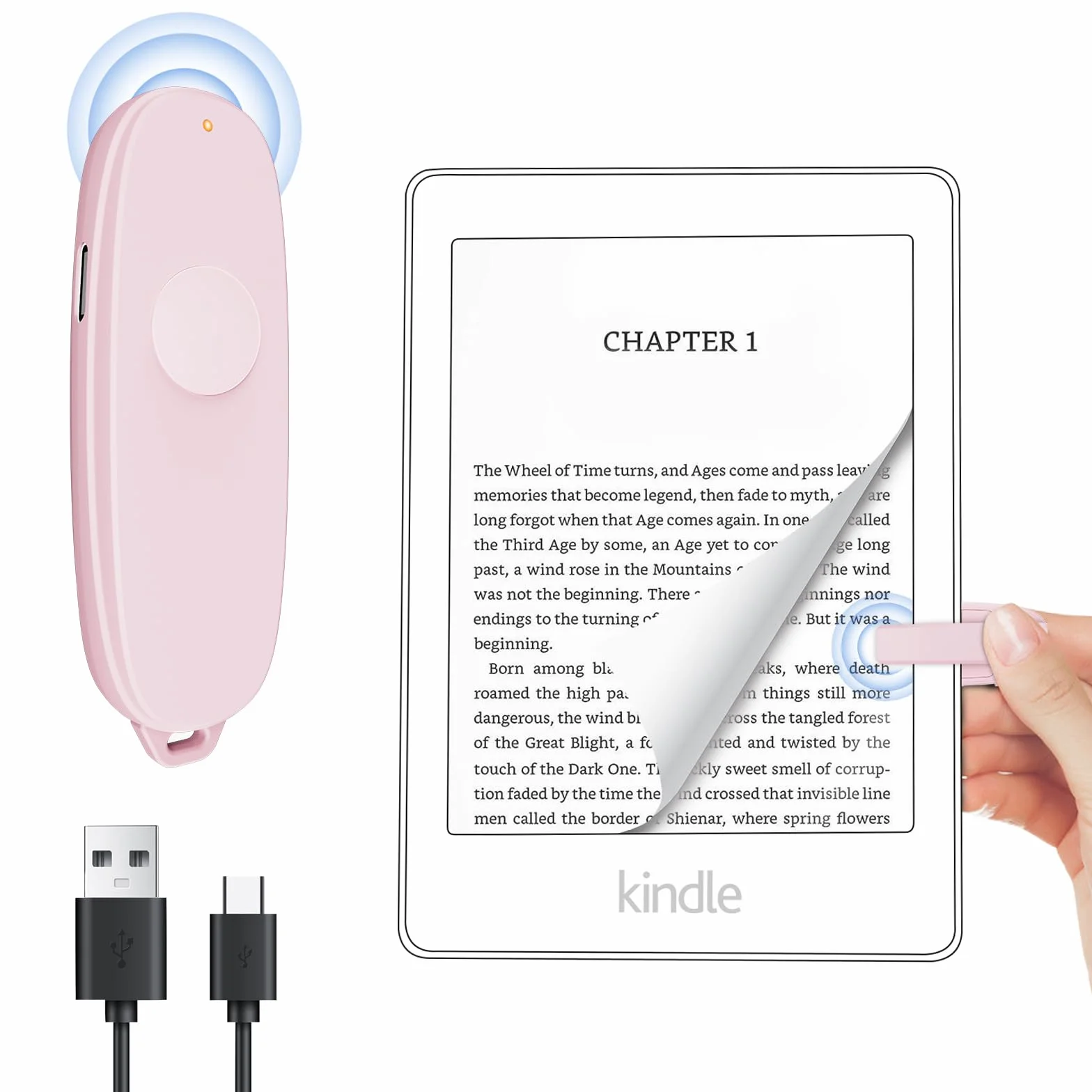 Zdalne sterowanie RF, przewracacz stron do Kindle z ładowaniem USB-C, klips A i B, wskaźnik LED, odporny na odciski palców, długi czas czuwania dla czytników e-booków — łatwa obsługa jedną ręką różowy