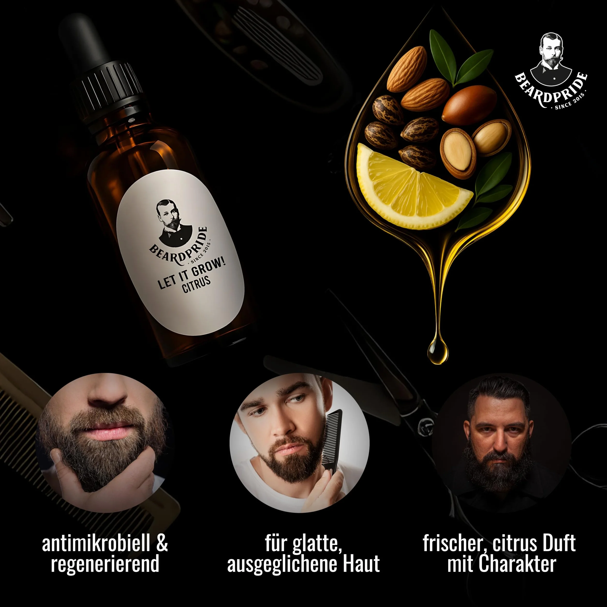 BEARDPRIDE Olejek do brody "Let it Grow!" – naturalny olejek do pielęgnacji brody – z olejem rycynowym, olejkiem migdałowym i olejkiem arganowym – do brody pełnej i trzydniowej brody – 100% naturalny
