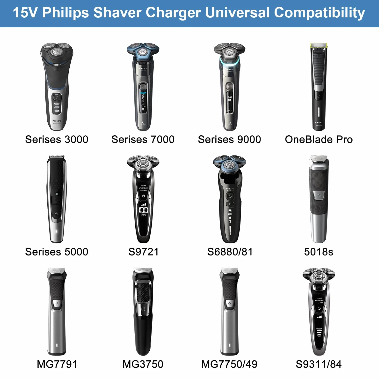 Ładowarka 15 V kompatybilna z Philips Norelco HQ8505 serii 3000, 5000, 7000, 9000, QP6520, QP6510, QP6620, MG5750, MG7790, zasilacz z kablem (1)