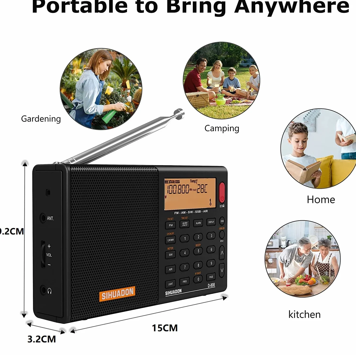 Przenośne radio cyfrowe SIHUADON D808 FM Stereofoniczny KW MW LW SSB AirBand wielopasmowy głośnik radiowy wyświetlacz LCD budzik wyłącznik czasowy czarny