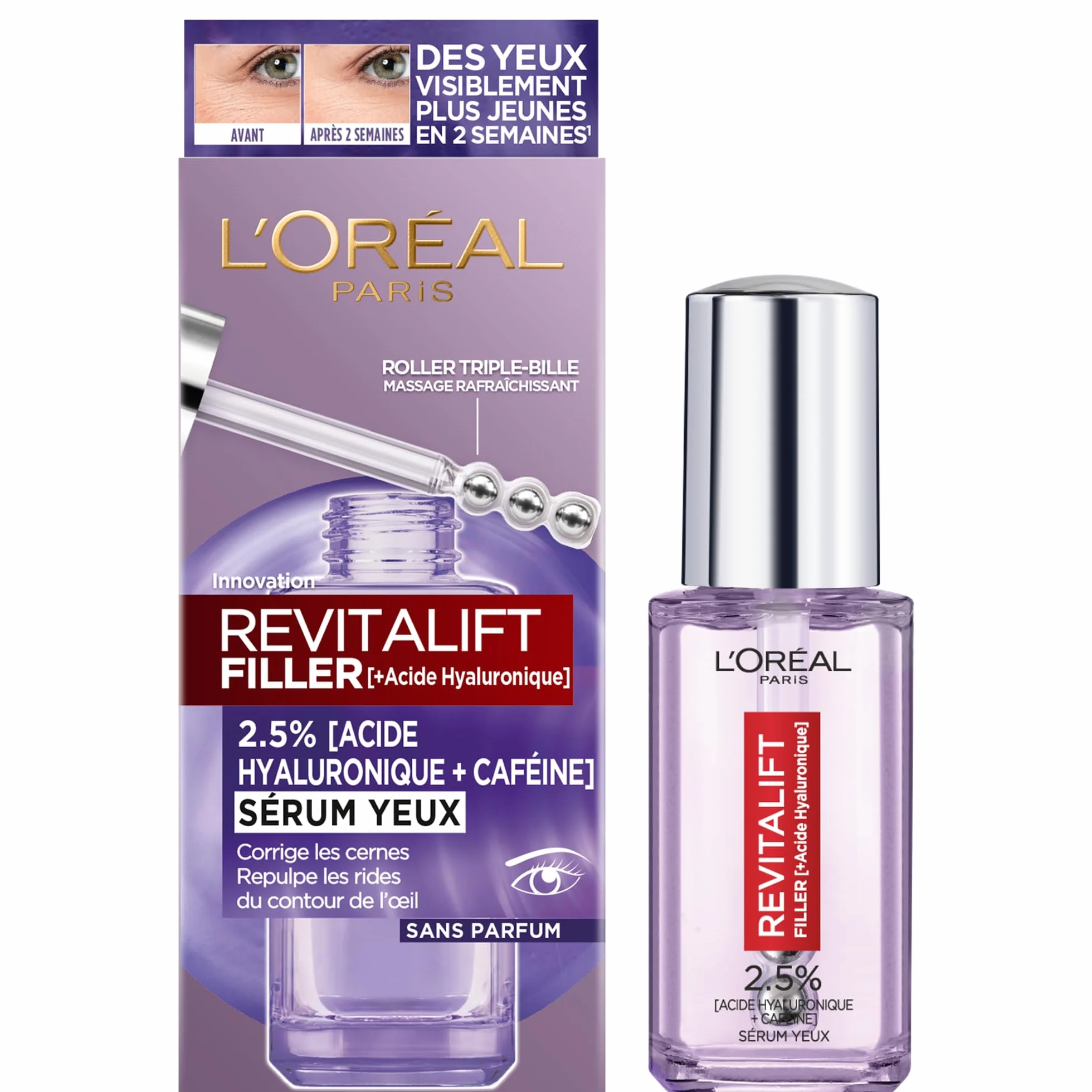 L'Oréal Paris - Serum Contour des Eye - przeciwzmarszczkowe, kieszenie i przeciwzmarszczkowe - z czystym kwasem hialuronowym i kofeiną - Innowacyjna potrójna końcówka - Revitalift Filler - 20 ml