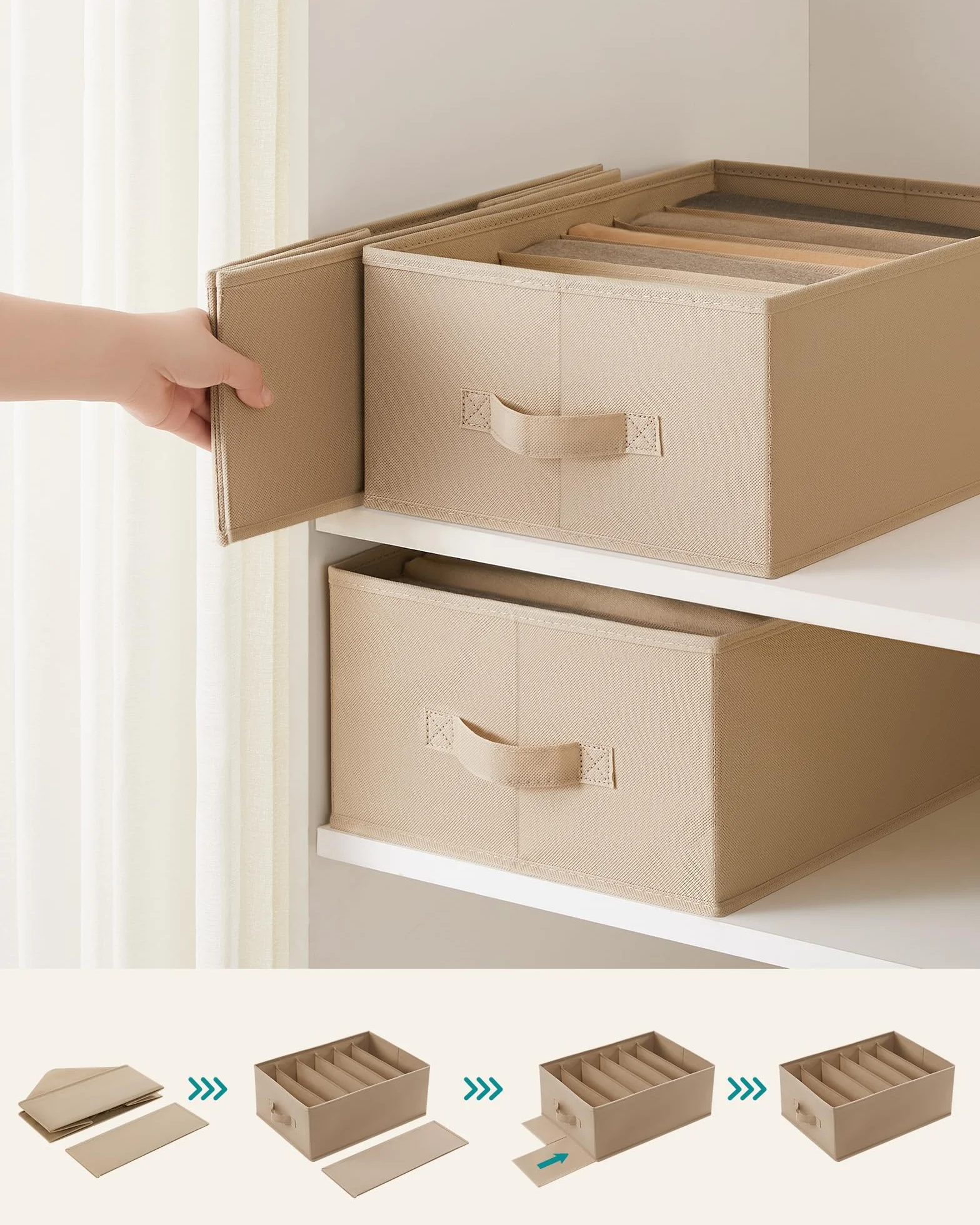 SONGMICS Organizer z 6 przegródkami 42x30x17 cm pudełko do przechowywania piaskowo-beżowy