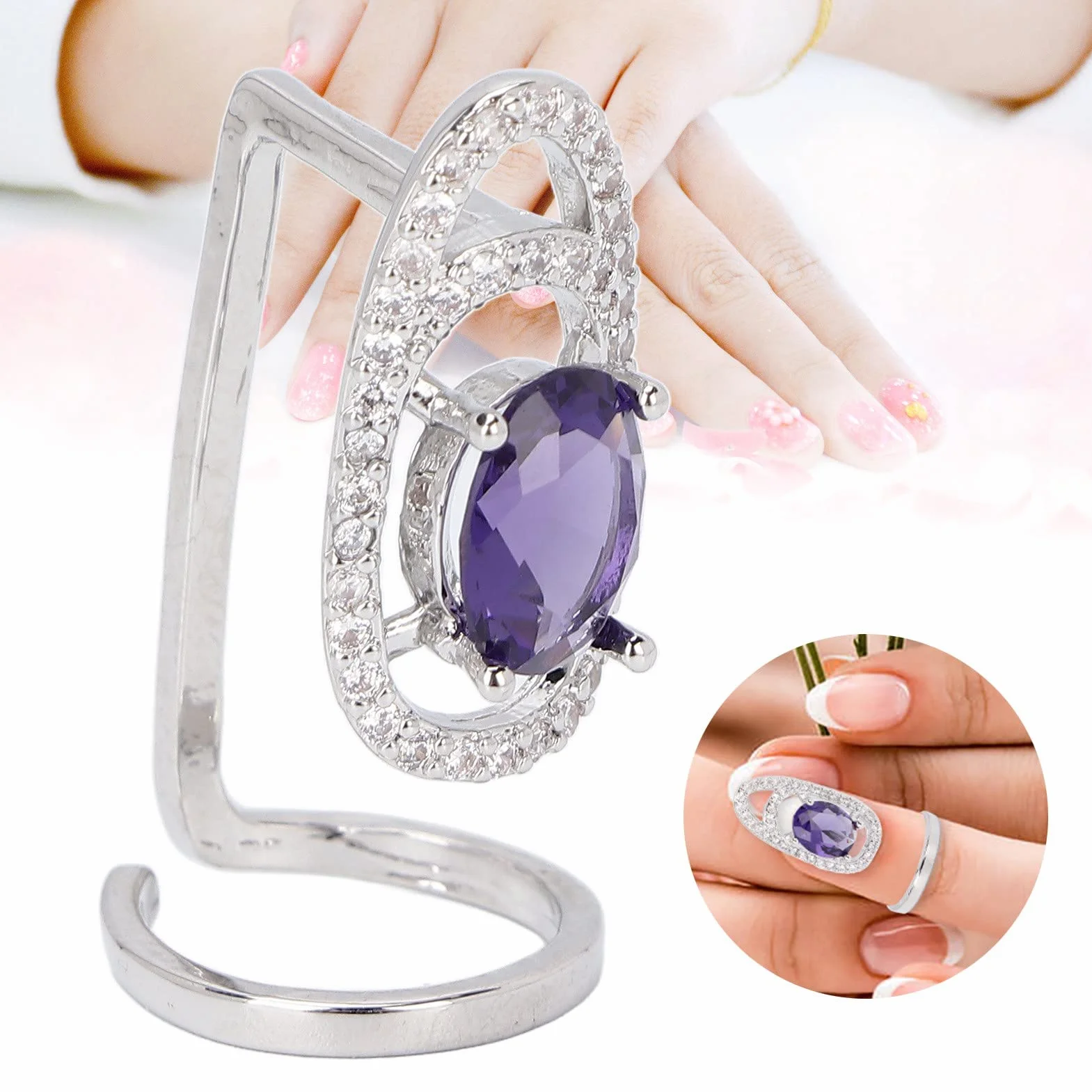 Pierścień do Paznokci Rhinestone Pierścionki do Paznokci, Błyszczący Delikatny Pokrowiec na Paznokcie Pierścień Ochronny Kobiety Luksusowe Końcówki do Paznokci Dekoracja(Fioletowy)