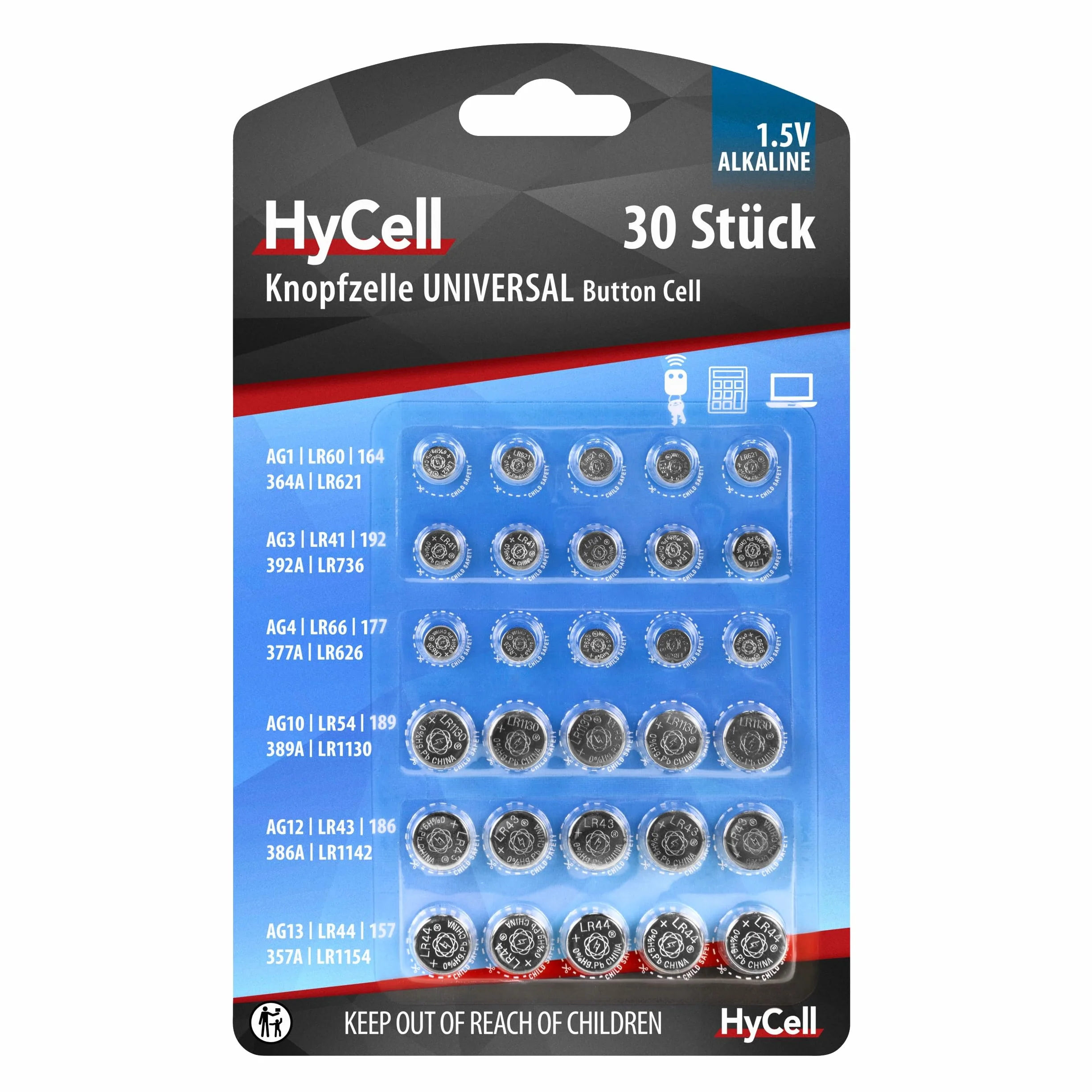 HyCell zestaw 30 baterii guzikowych alkalicznych/po 5 x LR621 LR736 LR626 LR1130 386A. LR1154 / Idealny do kluczyków samochodowych, sprzętu tan, zabawki, zegarków, pilota zdalnego sterowania itp.