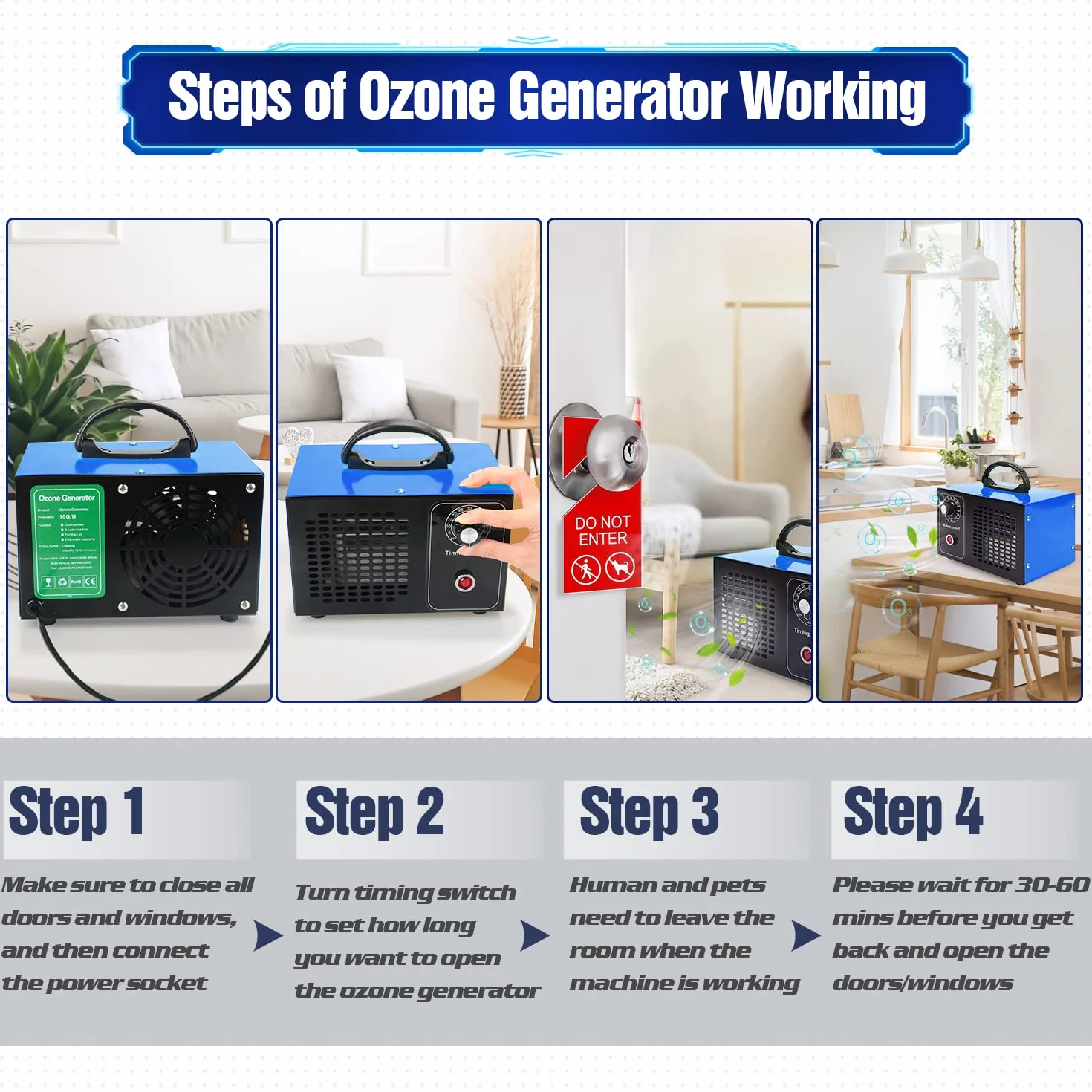 Przenośny przemysłowy oczyszczacz powietrza O3, generator ozonu 10 000 mg/h, z timerem, do usuwania zapachów i zanieczyszczeń, do pomieszczeń, garażu, gospodarstw rolnych, hoteli (niebieski)