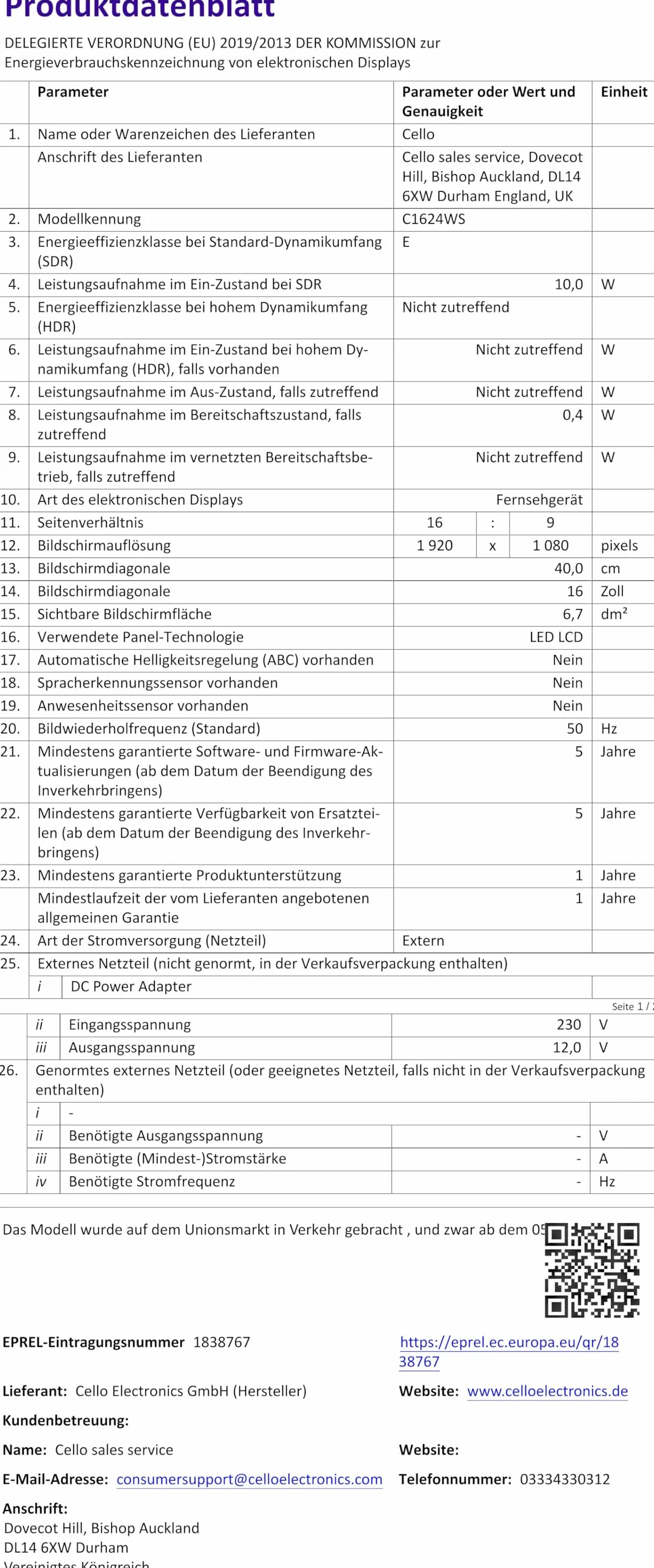 Cello C1624WS 16" Smart TV WEBOS firmy LG Full HD LED TV potrójny tuner DVB-T/T2-C-S/S2 HDMI USB Bluetooth 230V "Pitch Perfect Sound" dla EIN einzigartiges Klangerlebnis