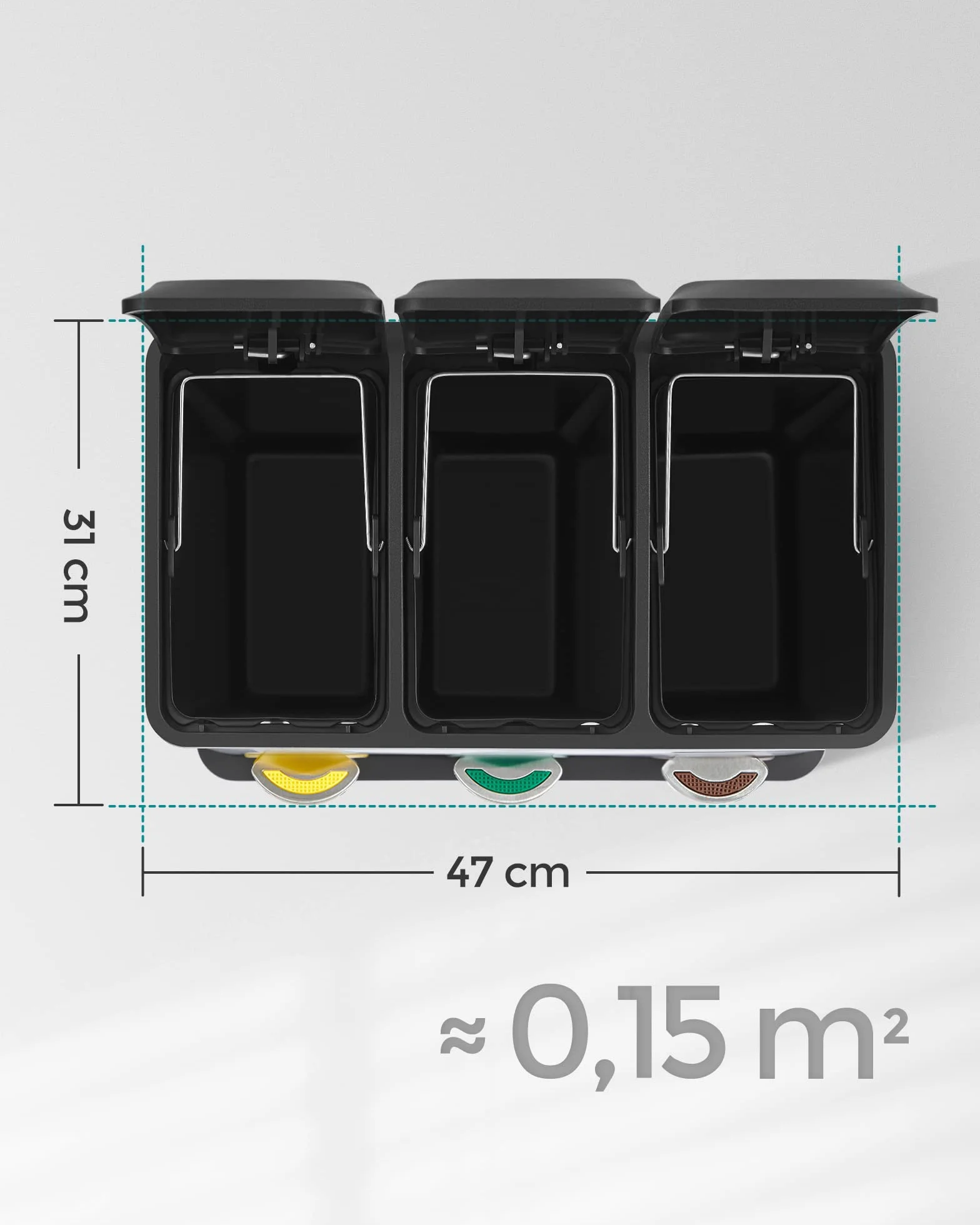 SONGMICS kosz na śmieci kuchenne, 3 x 8 l, kosz na śmieci, potrójny stalowy kosz na śmieci, dla małych rodzin, pedały i wiaderka, łatwy do czyszczenia, srebrny i czarny LTB24L