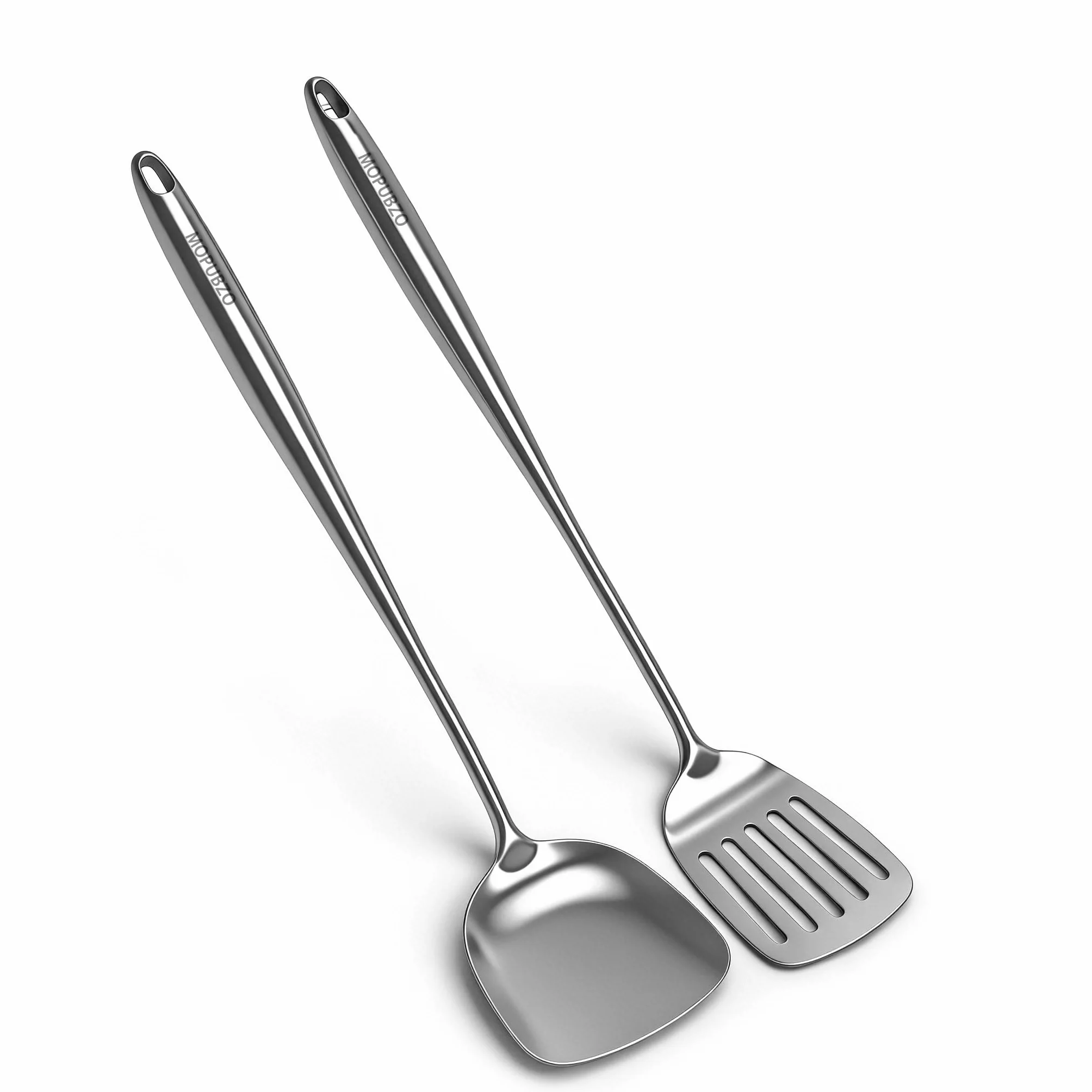 Zestaw 2 szpatułek ze stali nierdzewnej, łopatka do smażenia i z otworami, ergonomiczne uchwyty