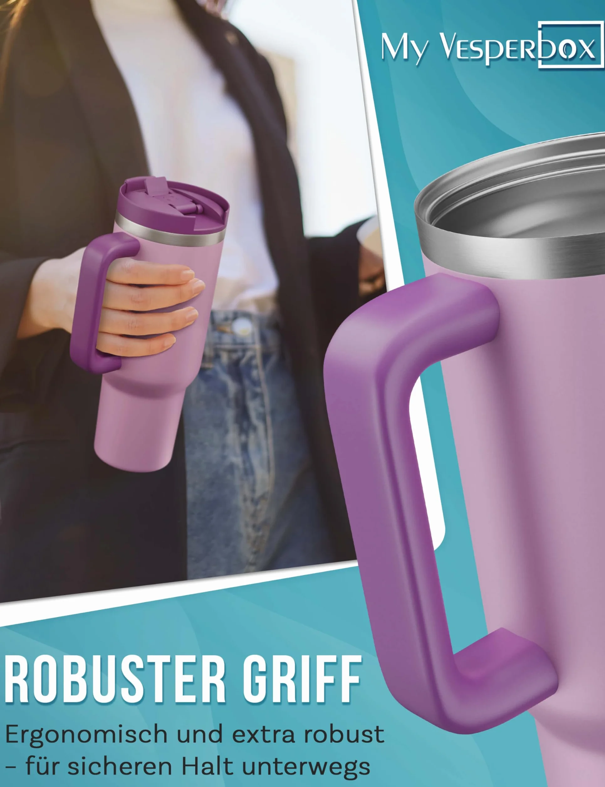 My Vesperbox Kinny Cup kubek termiczny, ze słomką, 500, 950 ml, kubek do kawy na wynos, ze stali nierdzewnej, bez BPA i melaminy
