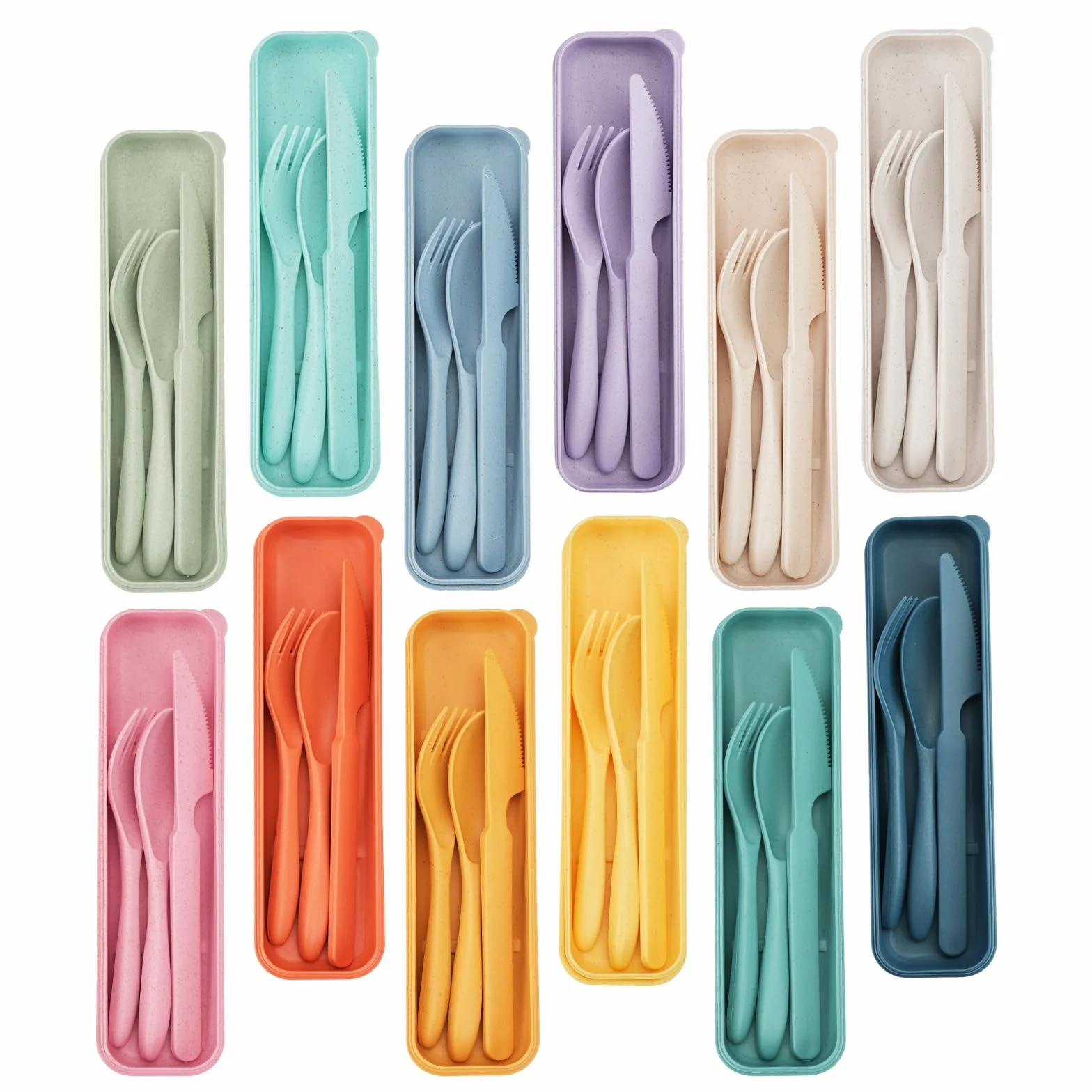 12 sztuk sztućców podróżnych z etui, widelce wielokrotnego użytku, łyżki, zestaw naczyń, przenośne przybory, sztućce, łyżka, łyżka, zestaw sztućców, na obiad, podróż, piknik, kemping