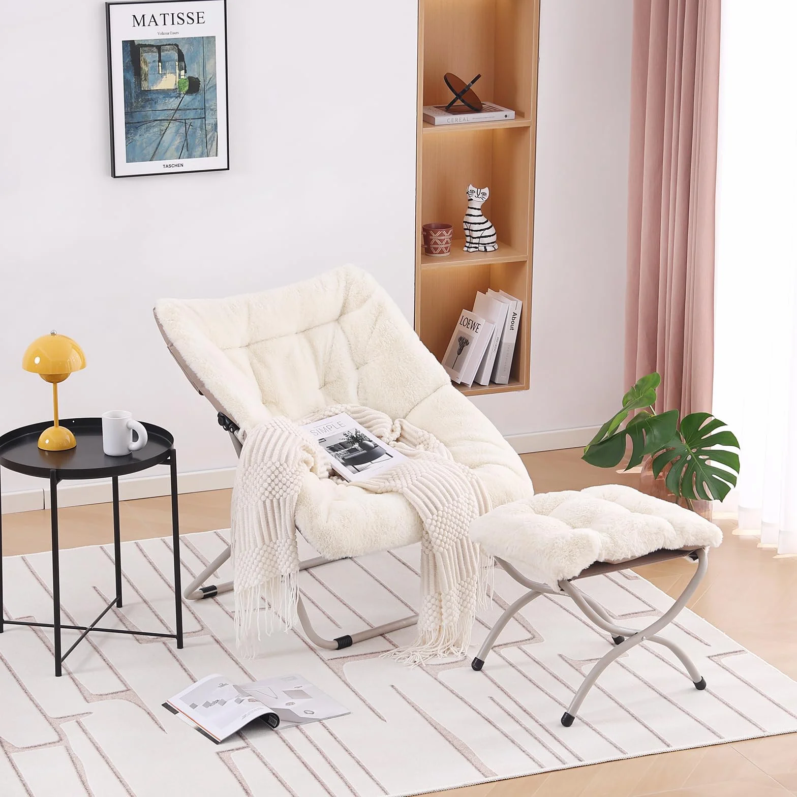 Welnow Comfy Saucer Chair with Otoman, Oversized Folding Fur Chair Soft Furry Lounge Lazy Chair with Metal Frame Moon Chair Accent Chair for Bedroom, Living Room, Dorm Rooms, Beige