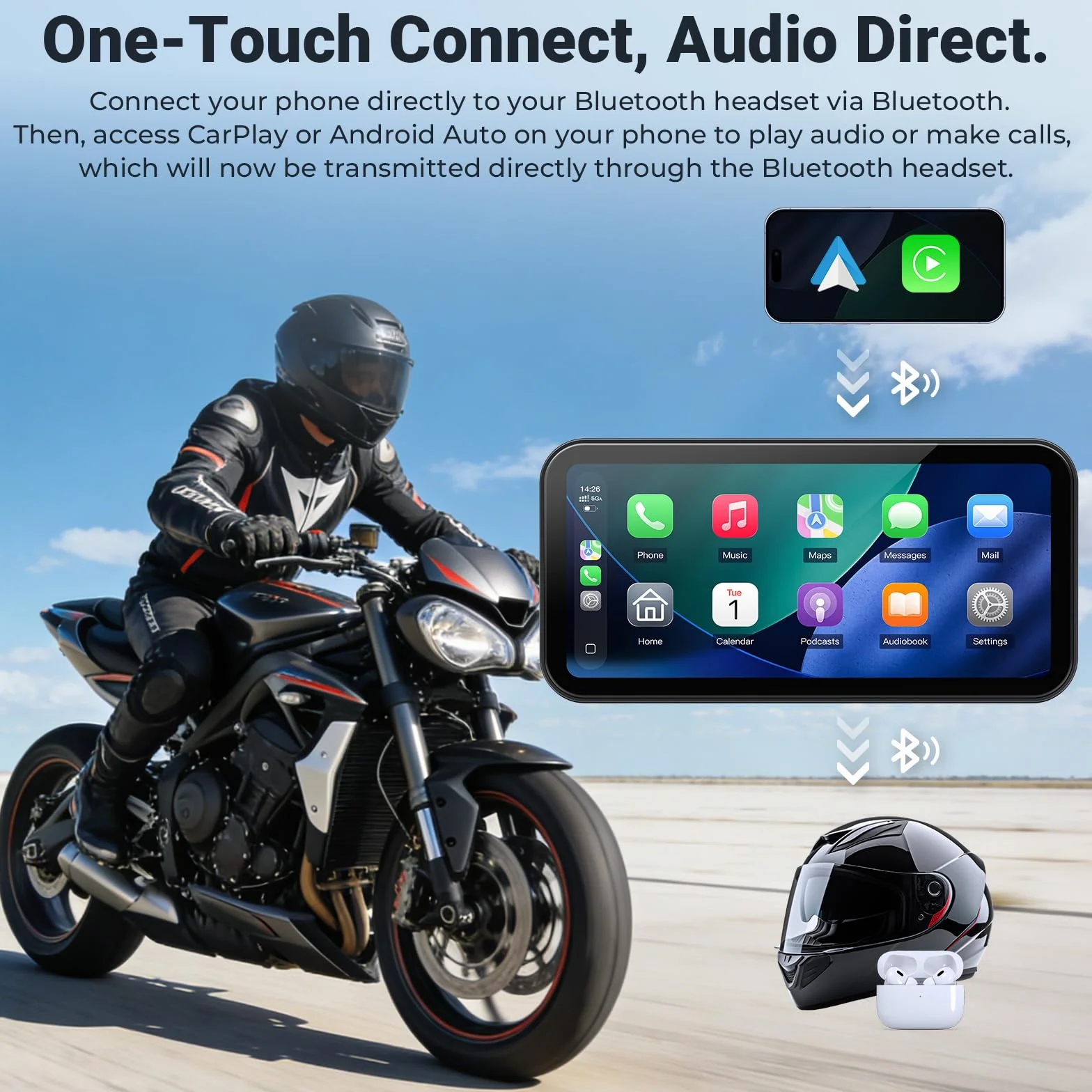 622 bezprzewodowy ekran CarPlay do motocykla, 6" wodoodporny ekran dotykowy z czujnikiem światła, obsługuje bezprzewodowe CarPlay i Android Auto, Bluetooth, nawigacja GPS
