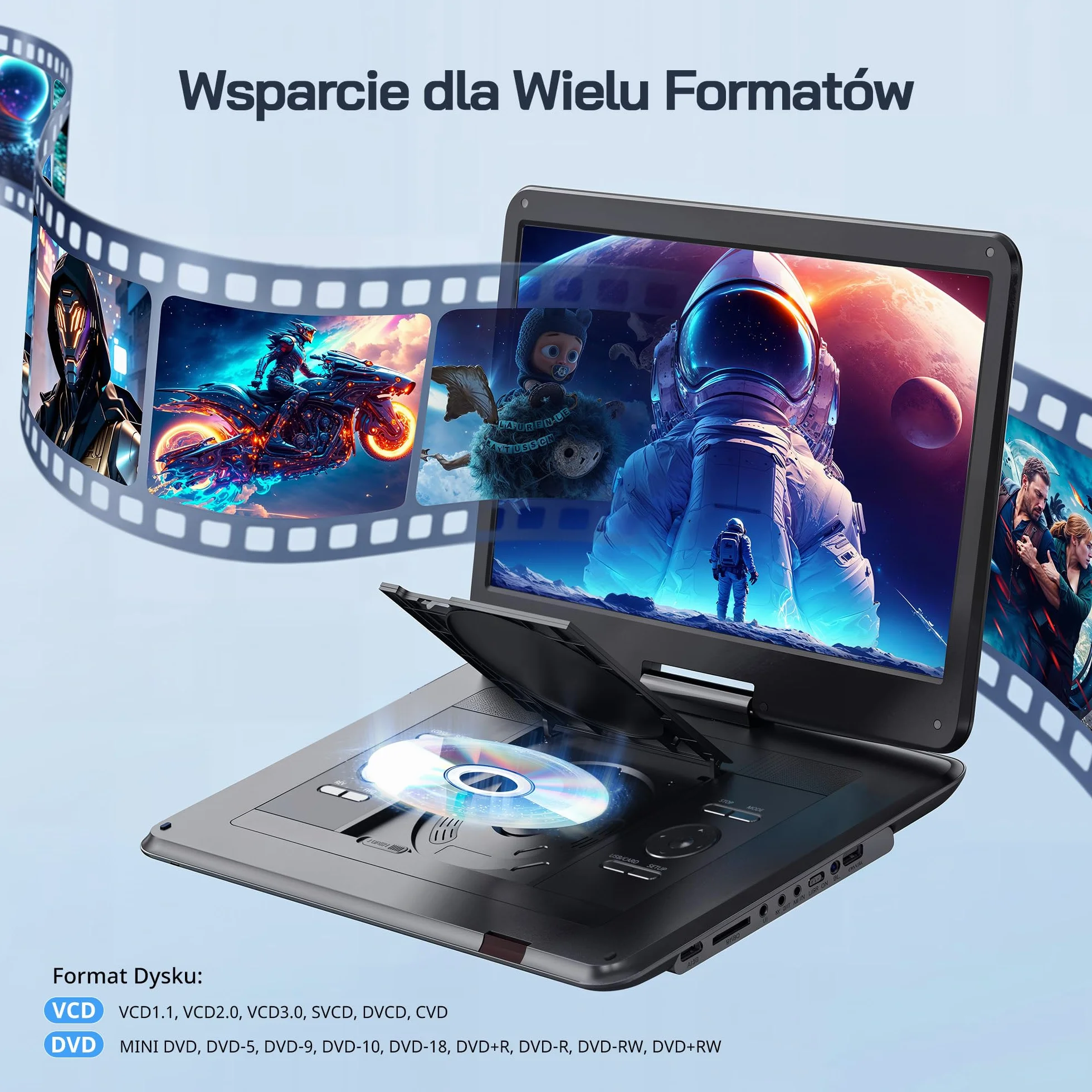 WOLFANG 17,5" Przenośny Odtwarzacz DVD z 15,6" Dużym Wyświetlaczem HD, Akumulatorem 5000mAh, Bez Ograniczeń Regionalnych, Dwoma Głośnikami Stereo, Obsługą USB/SD/Synchronizacji TV/Ekranu Projektora