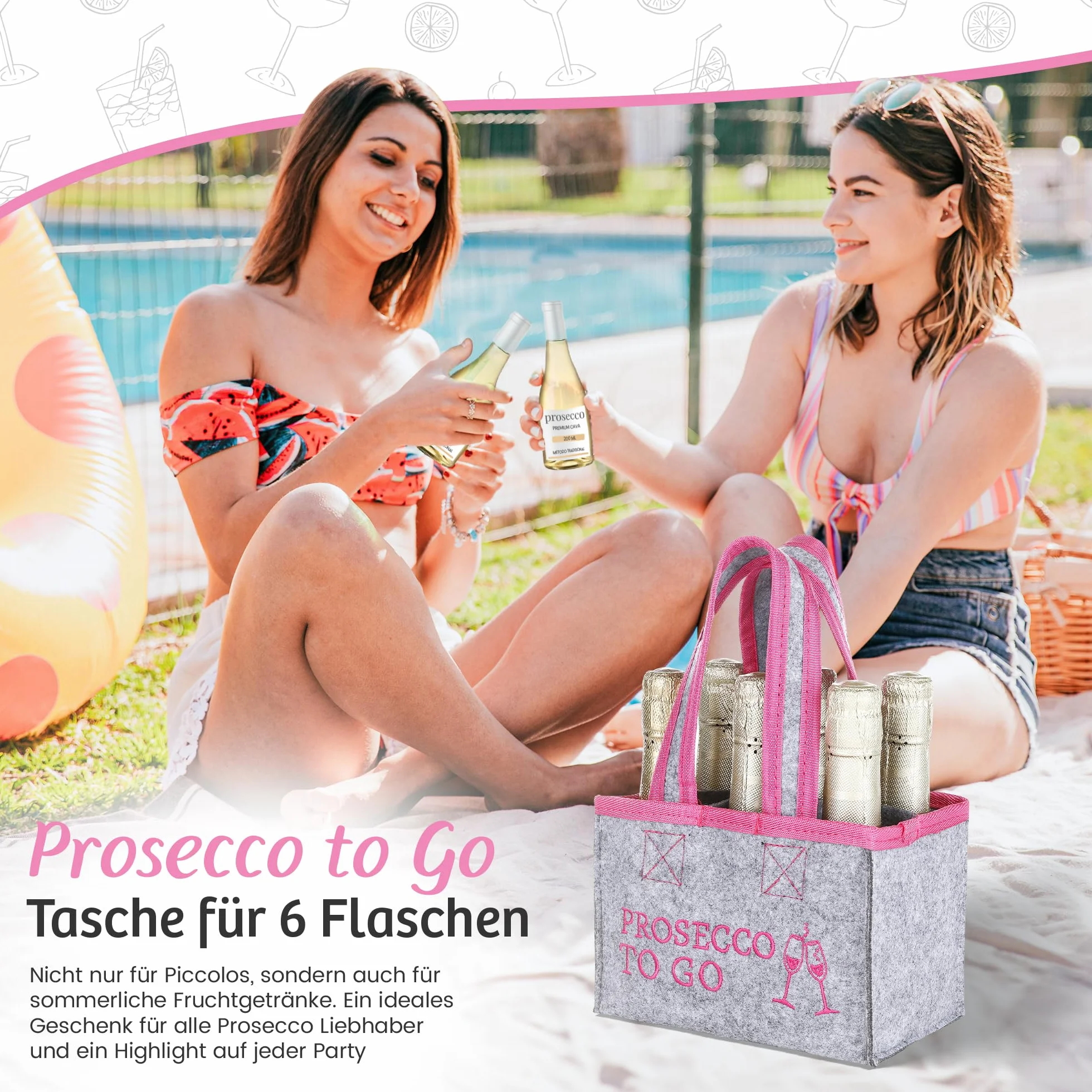 FunX Torba na butelki Prosecco to go – filcowa torba na 6 butelek – szara z uchwytami do noszenia i nadrukiem – wszechstronne zastosowanie – 19 x 12 x 14 cm, szary/różowy, torba na napoje