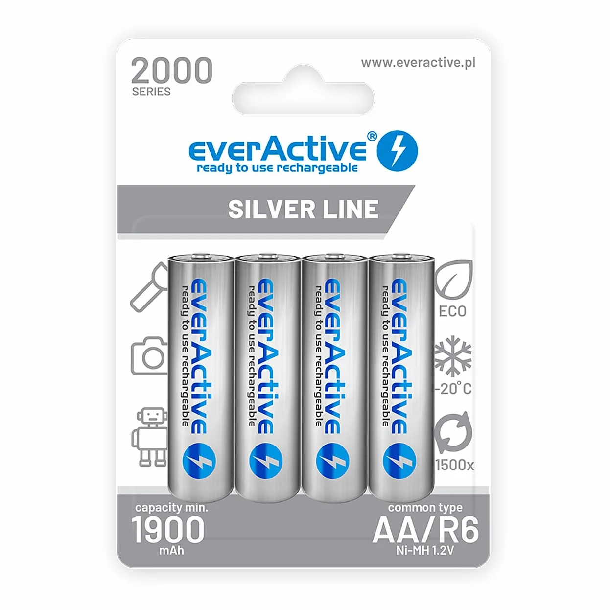 EverActive Akumulator Ni-MH 4 Sztuki do Wielokrotnego Ładowania, Szary, 2000 mAh