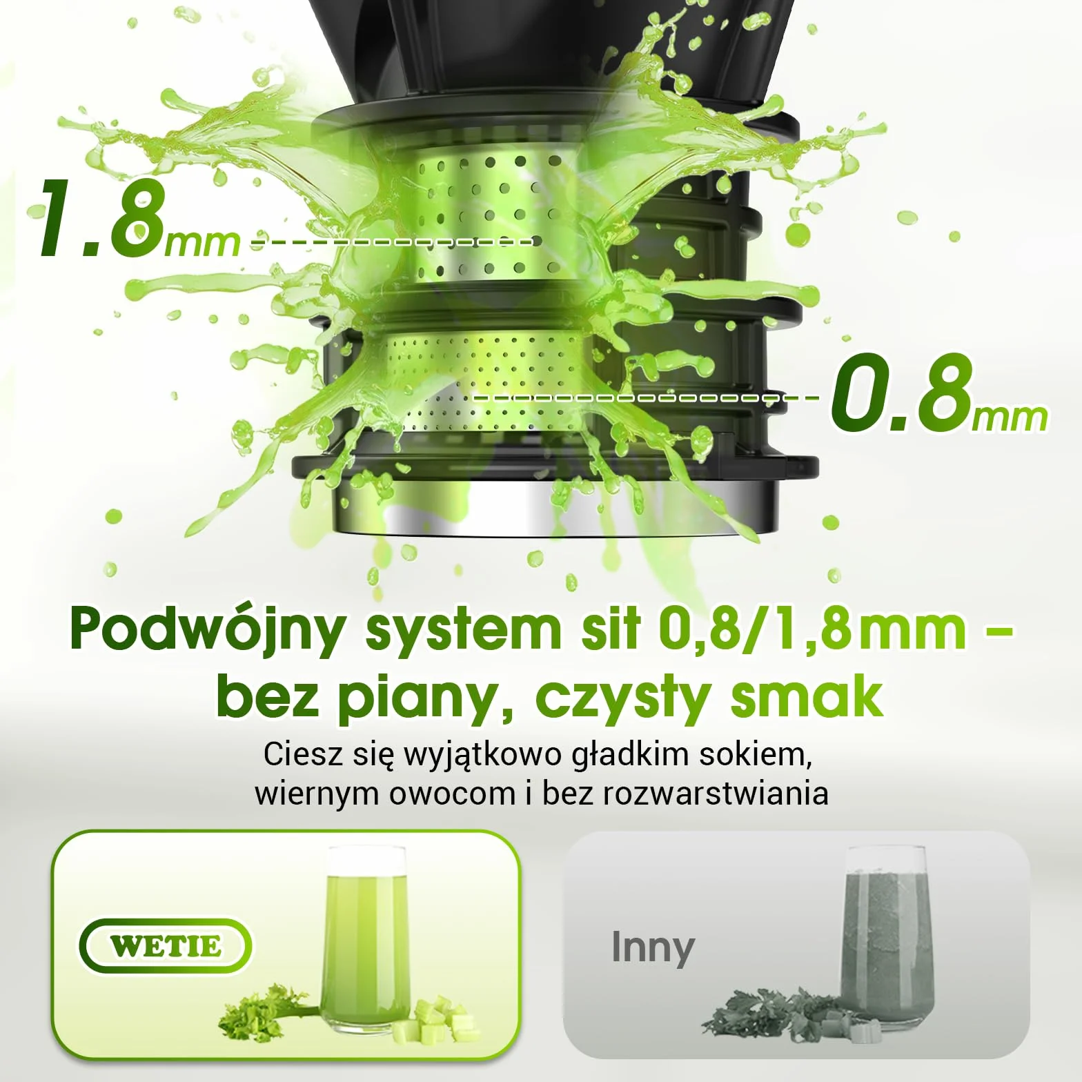 WETIE Wyciskarka Wolnoobrotowa 120 mm Podajnik XXL 99% Wydajność Bez BPA 2 Szklanki