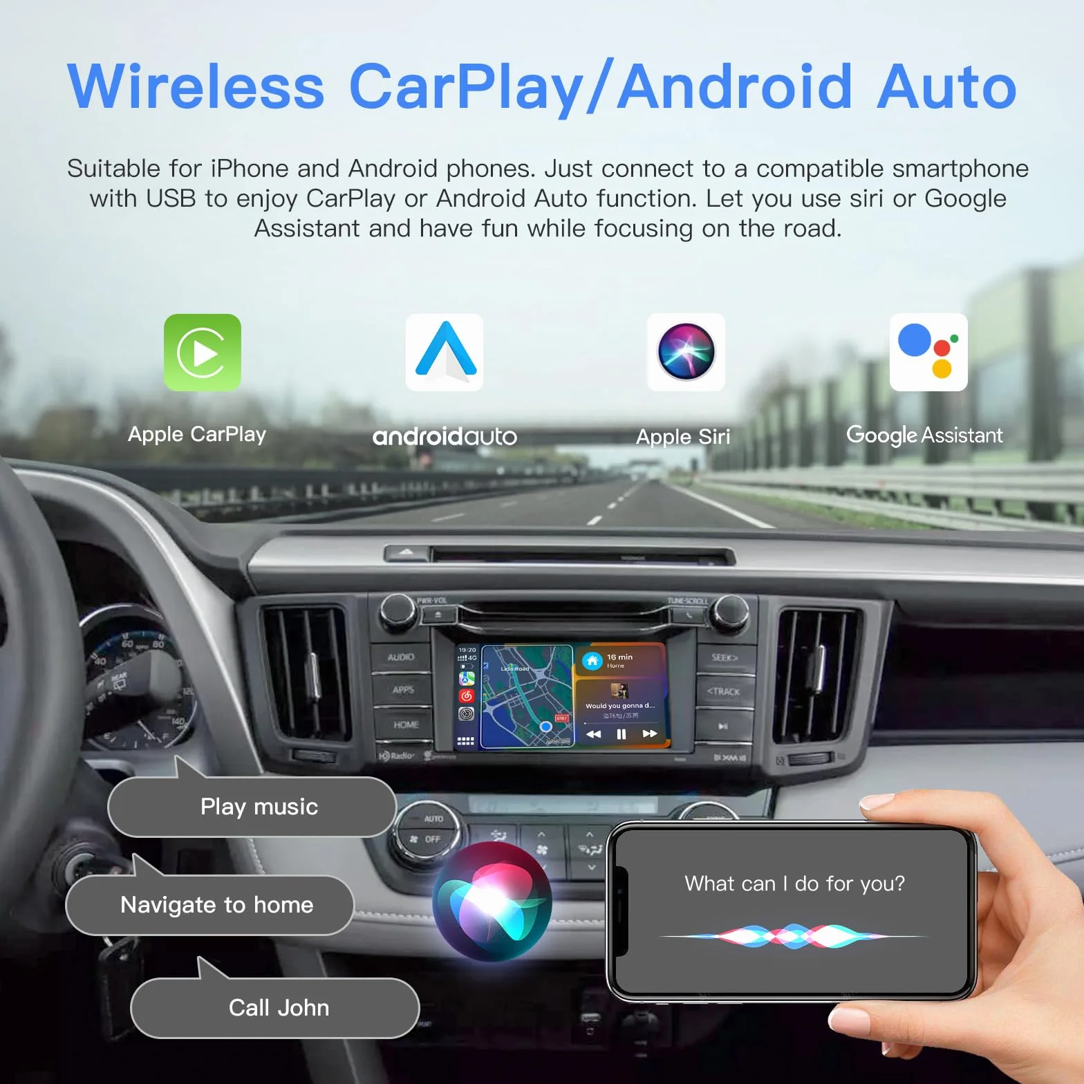 Bezprzewodowy adapter Carplay/Android do Toyota z Entune2.0 2014-2019, pasuje do Tundra/Highlander/RAV4/Tacoma/Camry/Corolla/Avalon/Prius/CH-R