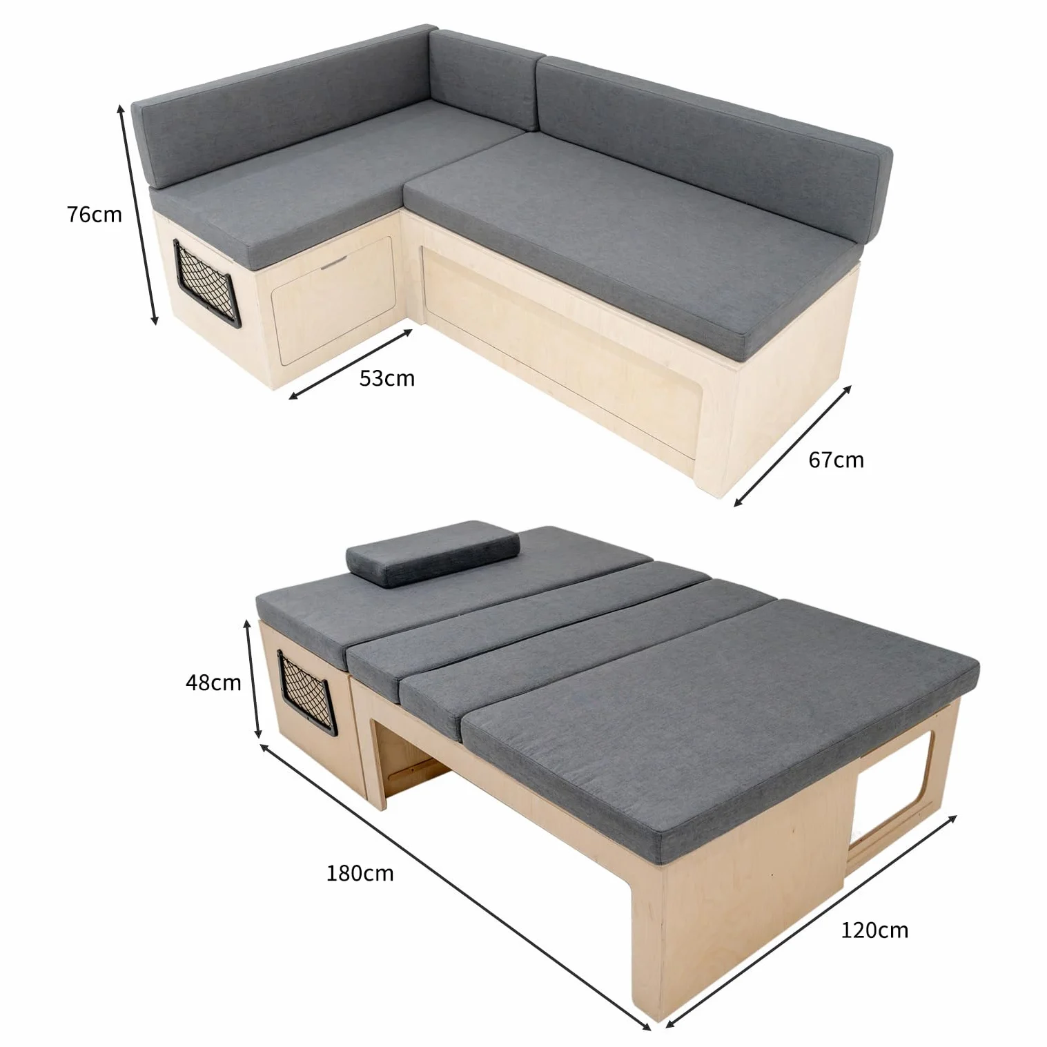 Sofa rozkładana w kształcie L 180x120 cm drewno brzozowe z poduszkami 8 cm