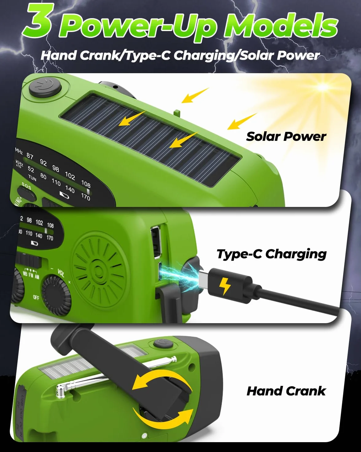Radio solarne, Esky radio korbowe AM/FM, wodoszczelne, przenośne radio SOS, alarm alarmowy, radio awaryjne z powerbankiem LED, latarka LED, 260 g, ultra przenośne radio awaryjne na wędrówki (zielone)