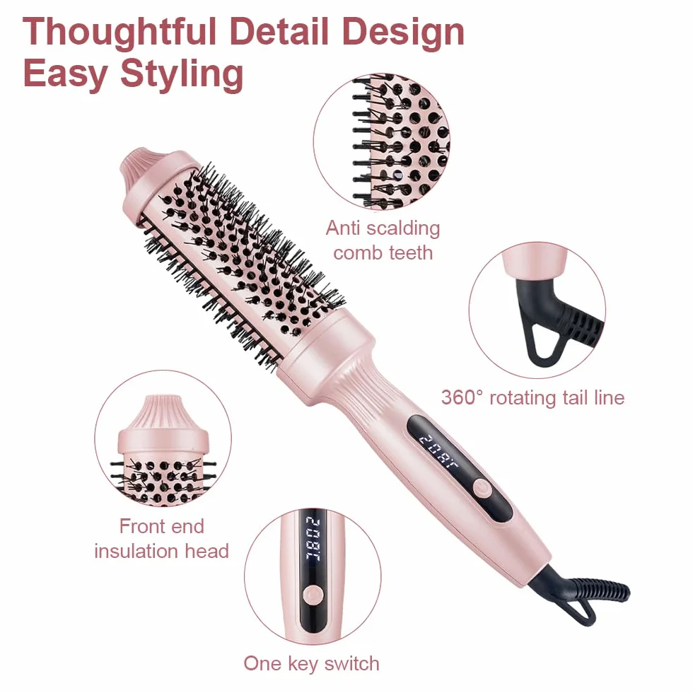 Thermal Brush szczotka do loków, ceramiczna szczotka termiczna 38 mm, szczotka do włosów z wysoką temperaturą, szczotka do włosów z cyfrowym wyświetlaczem, 3 w 1, do stosowania jako grzebień
