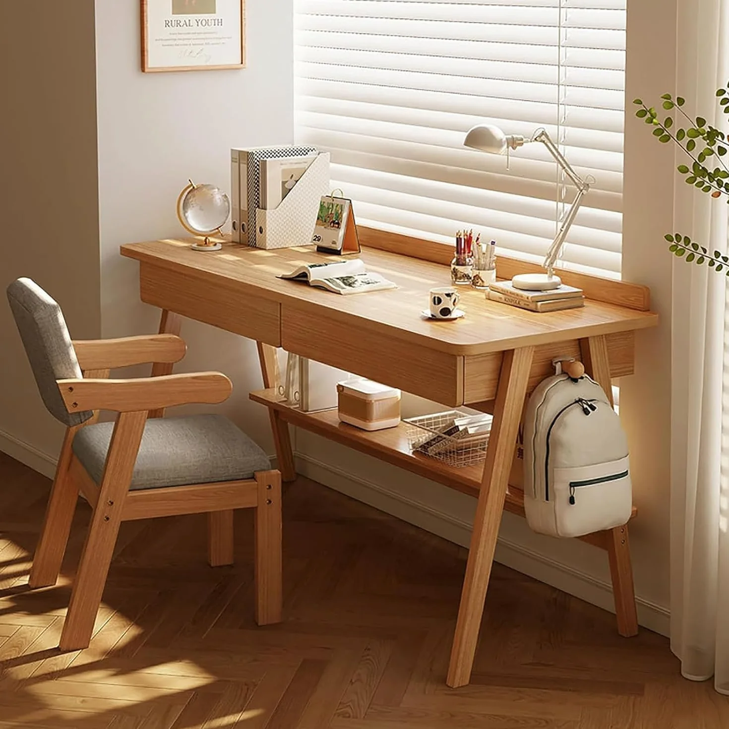 Biurko z litego drewna orzechowego w stylu mid-century modern z 2 szufladami 120 x 60 x 75 cm