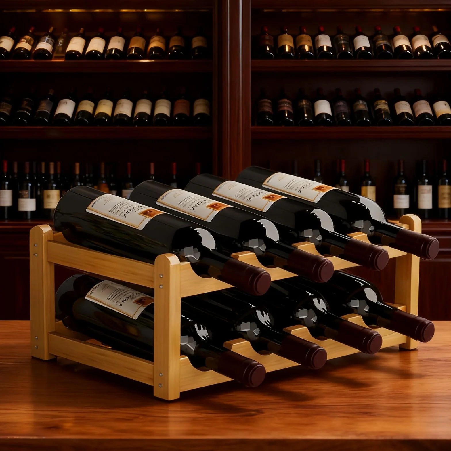 Bambusowy regał na wino na 8 butelek z naturalnym uchwytem