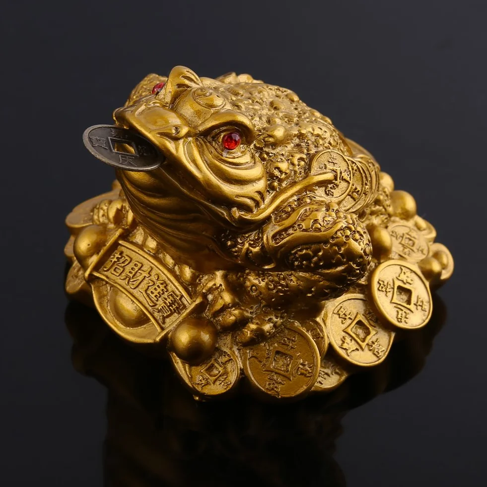Złota chińska żaba Feng Shui statuetka z monetą mosiądz 65 × 60 × 50 mm