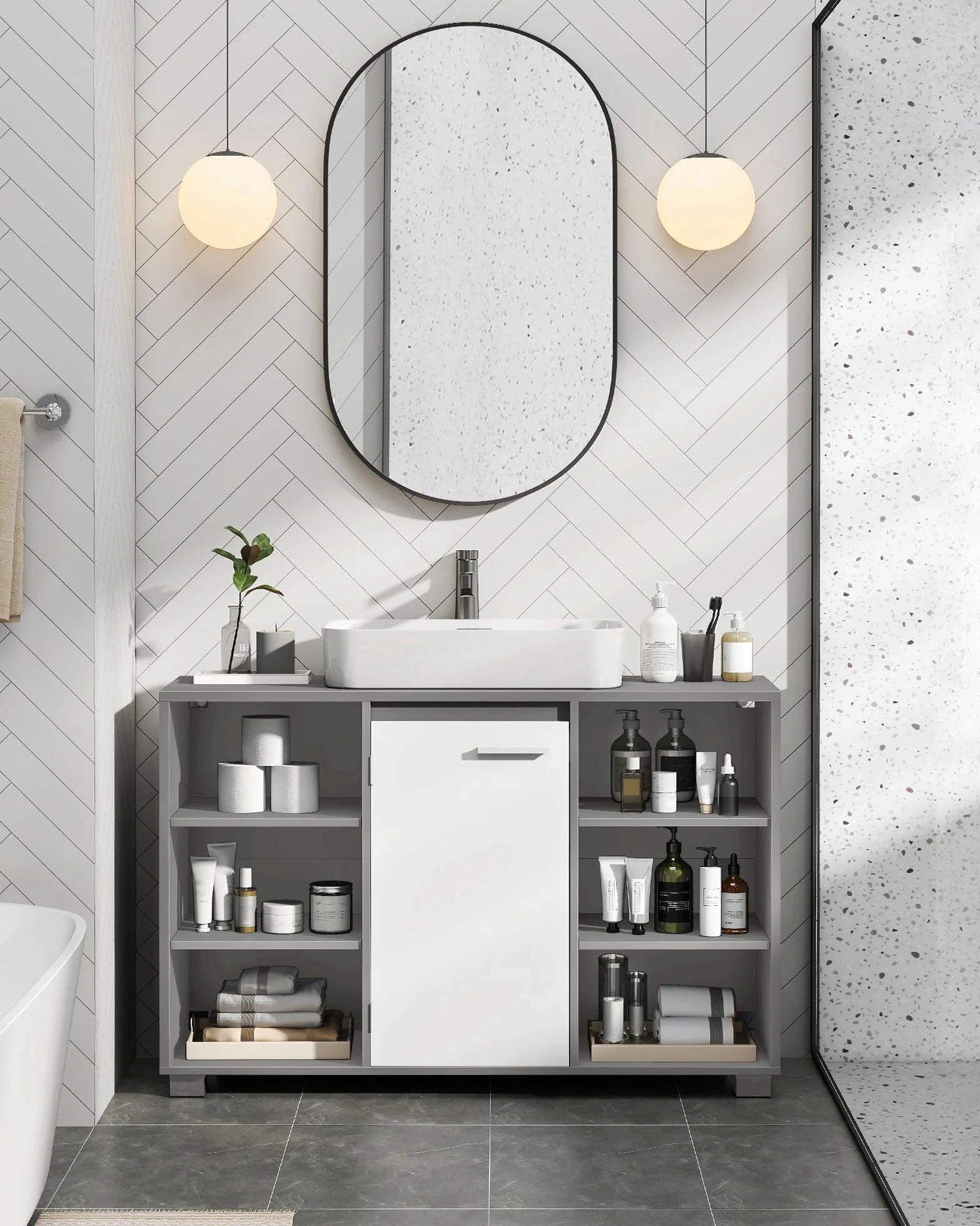 VASAGLE Szafka łazienkowa z regulowanymi półkami 30x90x60 cm gołębia szarość biel BBK507G01