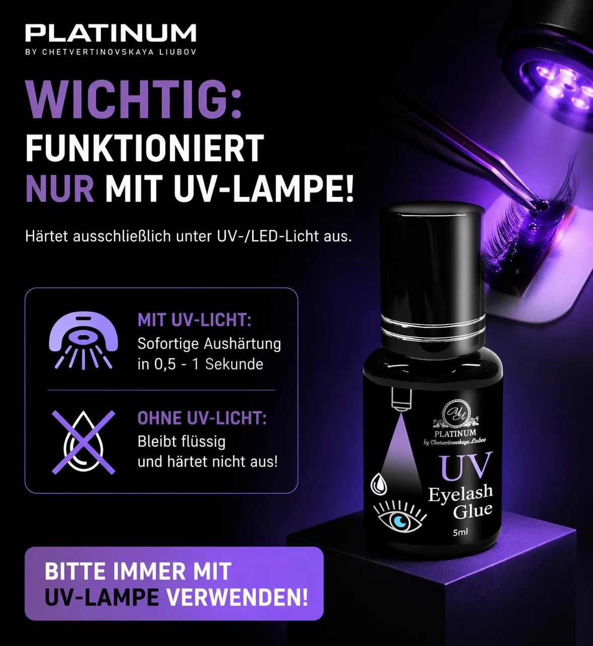 Klej do rzęs UV Clear – przezroczysty klej UV do przedłużania rzęs i UV Lash Glue do systemów UV LED – szybkoschnący, trwały i przyjazny alergikom – 5 ml