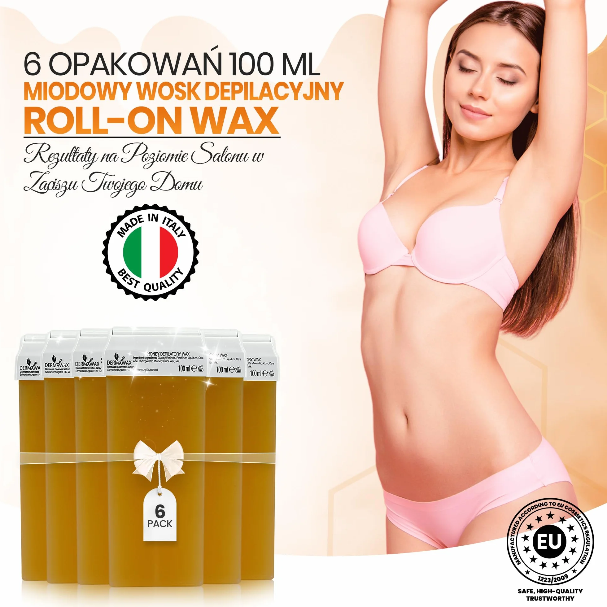 Dermawax 6 x Roll on Wax Miodowy Ciepły à 100 ml Wkładów Woskowych, Roll-on Wax, Gorący Wosk Do Depilacji, Pielęgnacja Ciała, Zestaw Uzupełniający