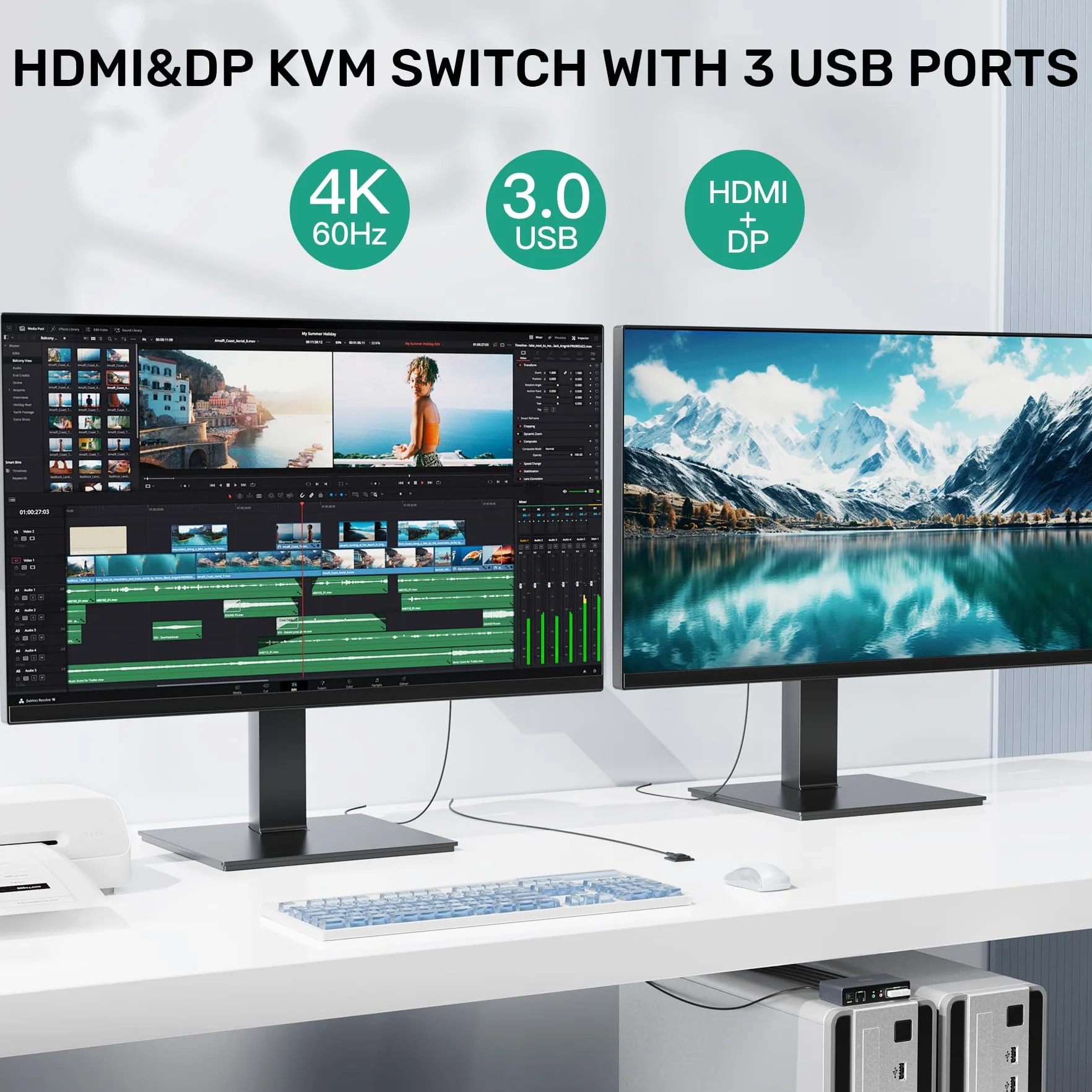 SUIDEK Przełącznik HDMI Displayport KVM, 2 komputery, 2 monitory, 4K 60 Hz, przełącznik KVM, podwójny monitor do 2 PC, 3 porty USB 3.0, obsługa trybu Extended/Mirror z kontrolerem na pulpicie i 2