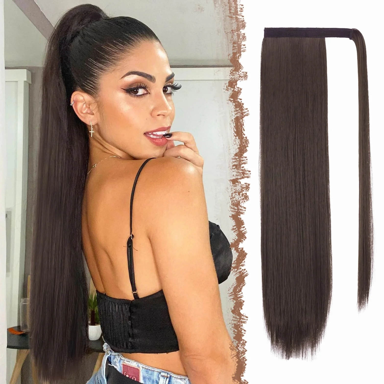FESHFEN Proste Przedłużanie Kucyka - Clip in Długie Koński Ogon Włosy Przedłużania dla Kobiet Syntetyczne Końskiego Ogona z Klipsem Ponytail Extension, 60 cm Ciemny Brąz
