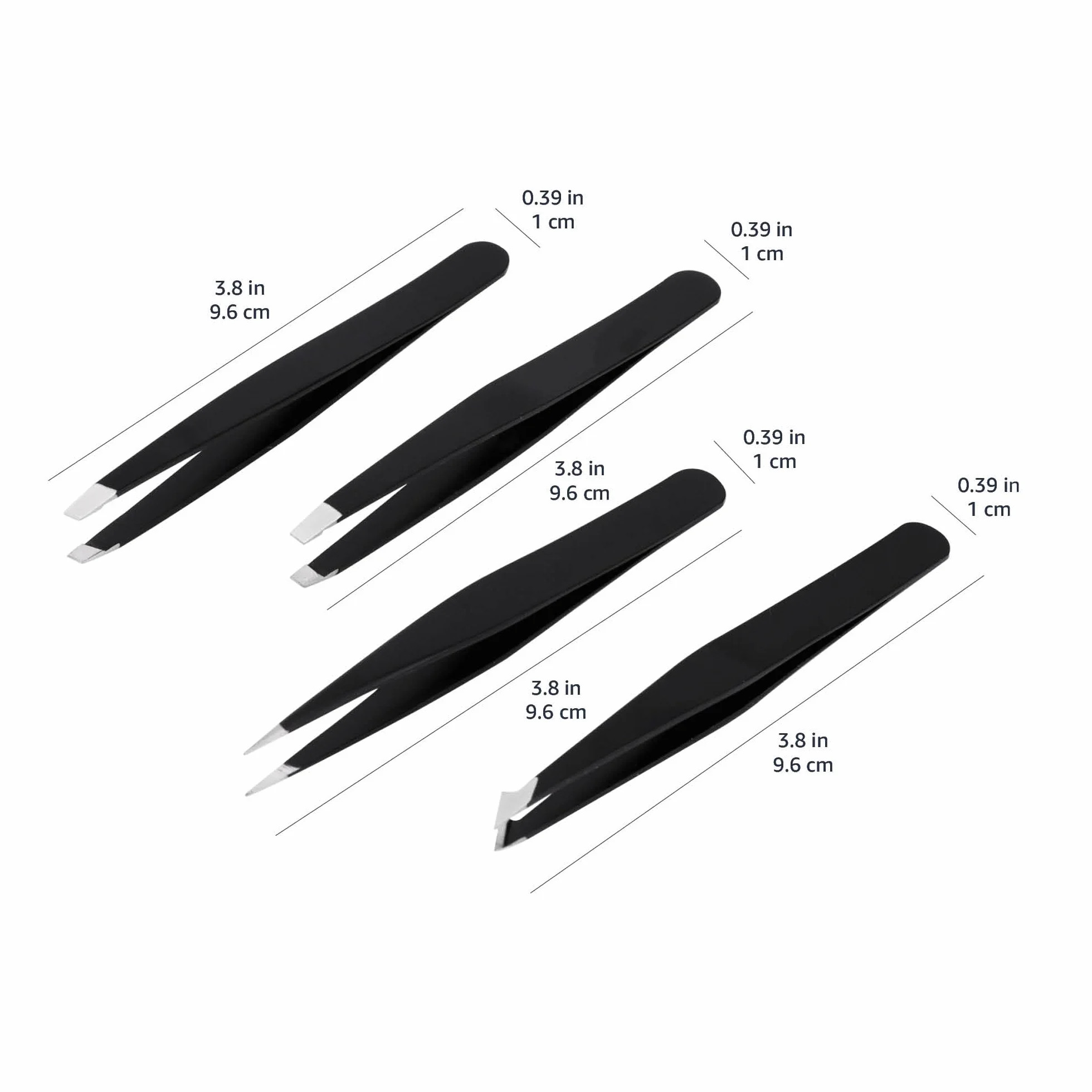 Amazon Basics profesjonalny zestaw pęset do włosków na twarzy, rzęs, brwi, wrastających włosów, wykonany ze stali nierdzewnej, z etui podróżnym, kolor czarny, 4 szt.