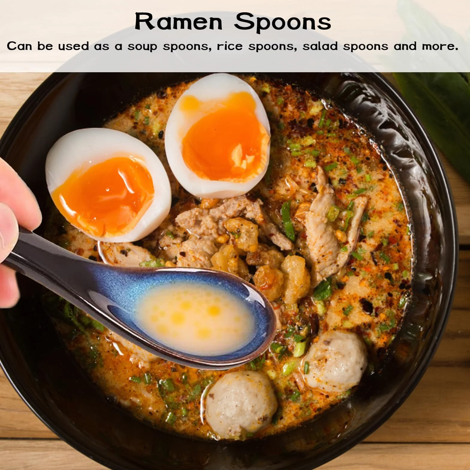 Ceramiczne łyżki do zupy azjatyckie niebieskie retro - zestaw 4 szt. do Ramen, Pho, Wonton
