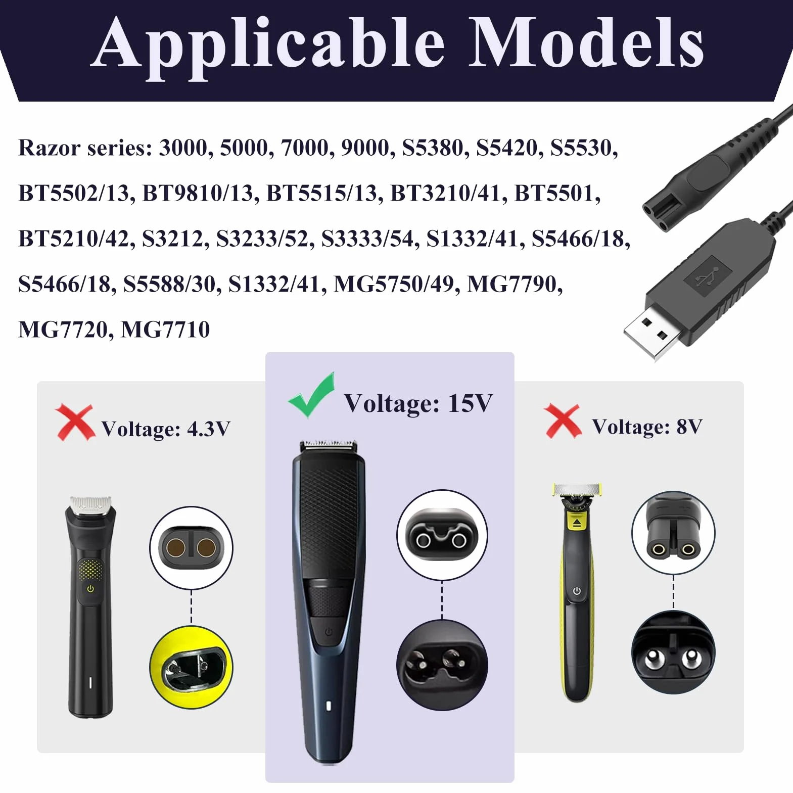 2-pak 5 V kabel ładujący do golarki Philips Norelco One Blade QP2724 QP2824, ładowarka USB do QP1324 QP2834 QP4530 QP4631 MG5910 MG7910 MG7930 MG7950 X3001 MG950 X3001 MG9550 MG10 MG9 520 X5006 2400