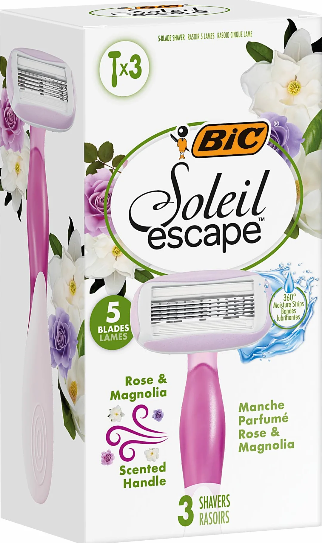 BIC Soleil Escape Maszynka do strzyżenia dla kobiet, różowo-magnolia, z 5 liśćmi i opaską nawilżającą z olejkiem migdałowym, 3 szt