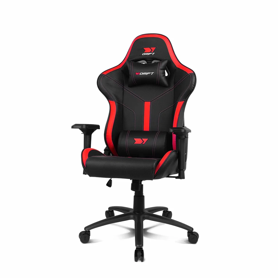DRIFT Gaming Chair DR350 -DR350BR - Profesjonalny fotel do gier, imitacja skóry, podłokietniki 4D, ciche kółka, tłok klasy 4, pochylenie, poduszka lędźwiowa/szyjna, kolor czarny/czerwony