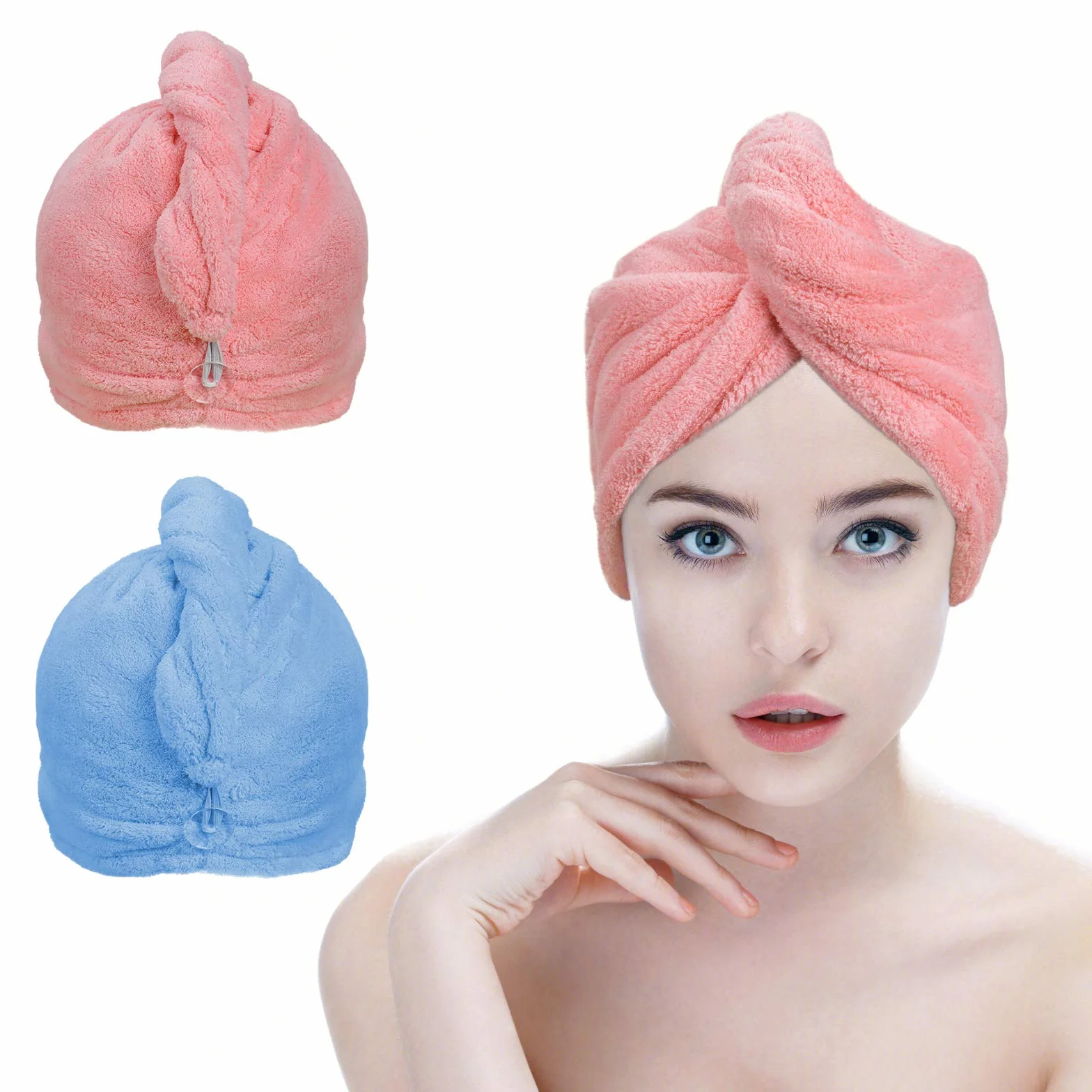 ACWOO Hair Turban Mikrofibra, 2 sztuki Turban Ręczniki Szybkoschnący ręcznik, Damski ręcznik do włosów Ręcznik na głowę Czepek pod prysznic z guzikiem, różowy/niebieski