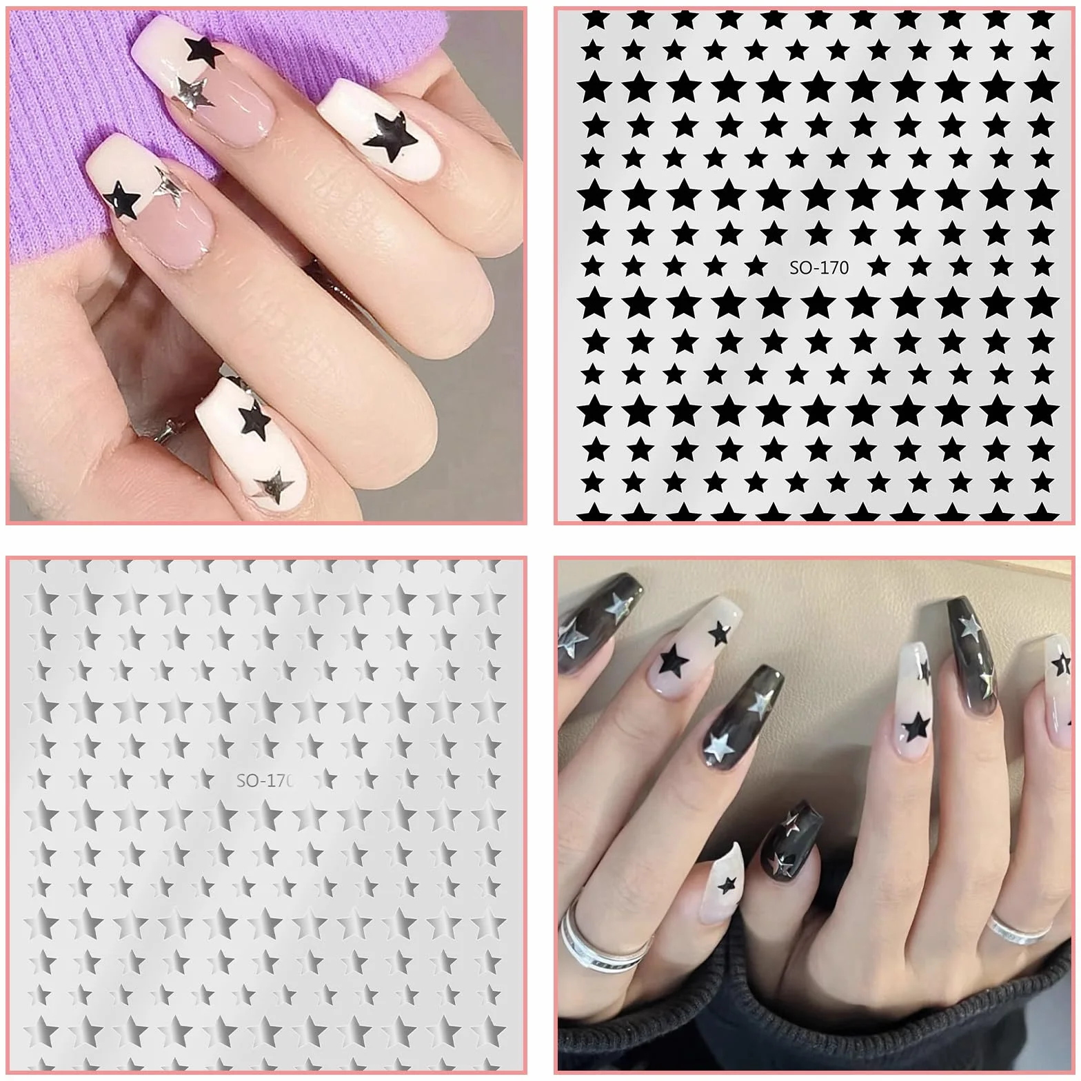 Yuanchu Naklejki na Paznokcie z Gwiazdą - 6 Arkuszy, Samoprzylepne 3D, Brokatowe, Geometryczne, Dekoracja DIY, Akcesoria