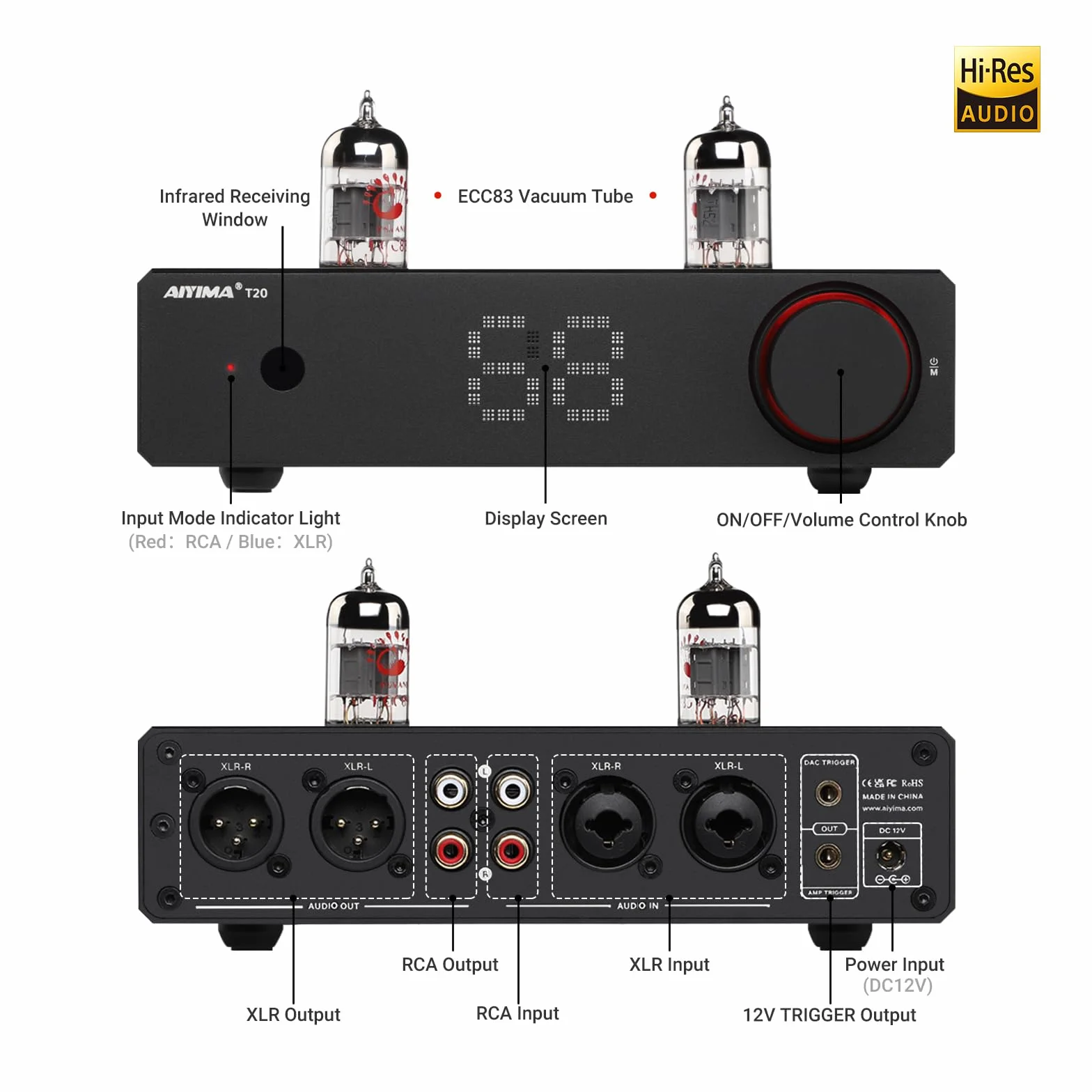 W pełni zbalansowany przedwzmacniacz lampowy AIYIMA T20 LME49720 do domowego sprzętu HiFi Mini przedwzmacniacz lampowy z wejściami i wyjściami RCA i XLR oraz wyjściem wyzwalającym 12 V