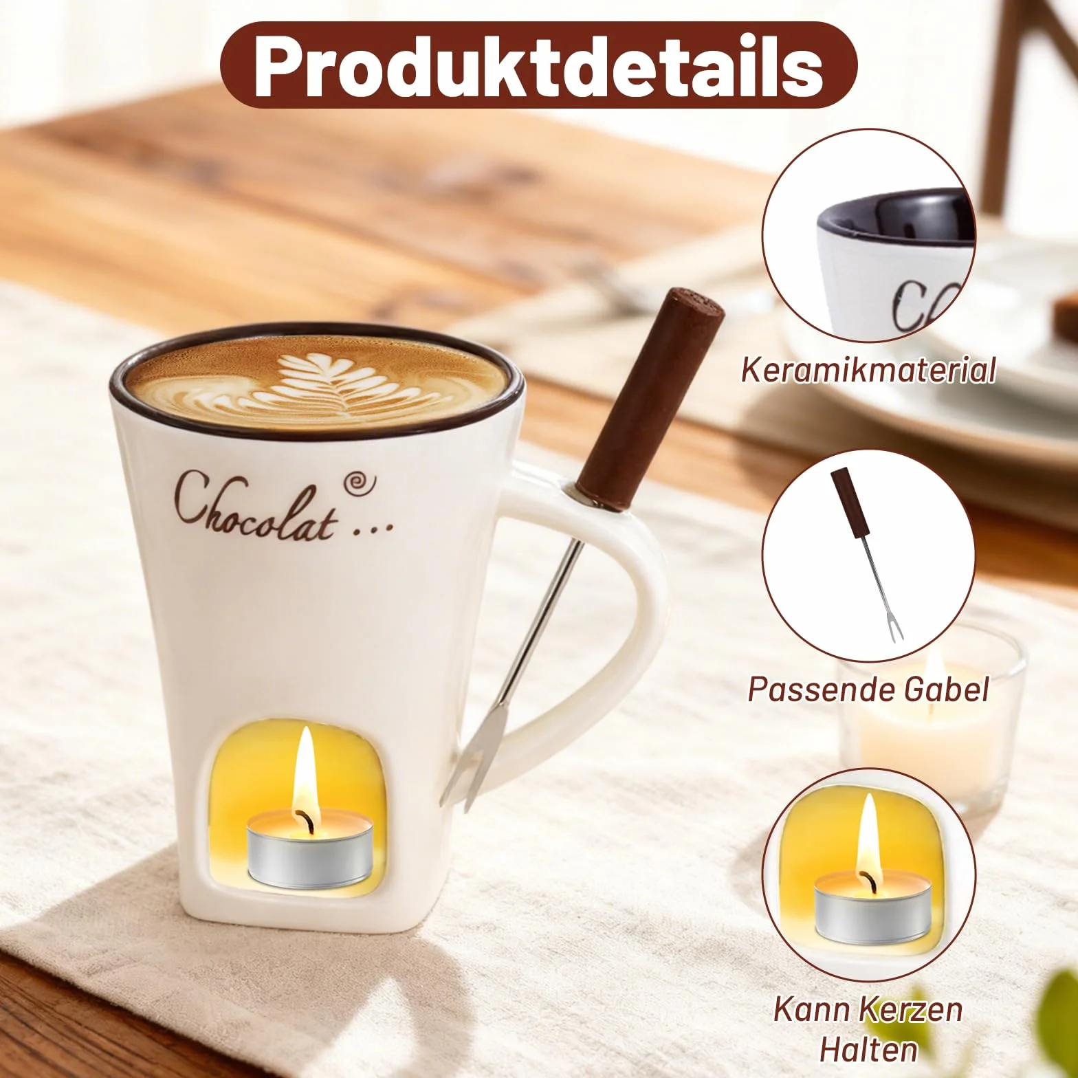 Ceramiczny kubek do fondue czekoladowego 130 ml z widelcem