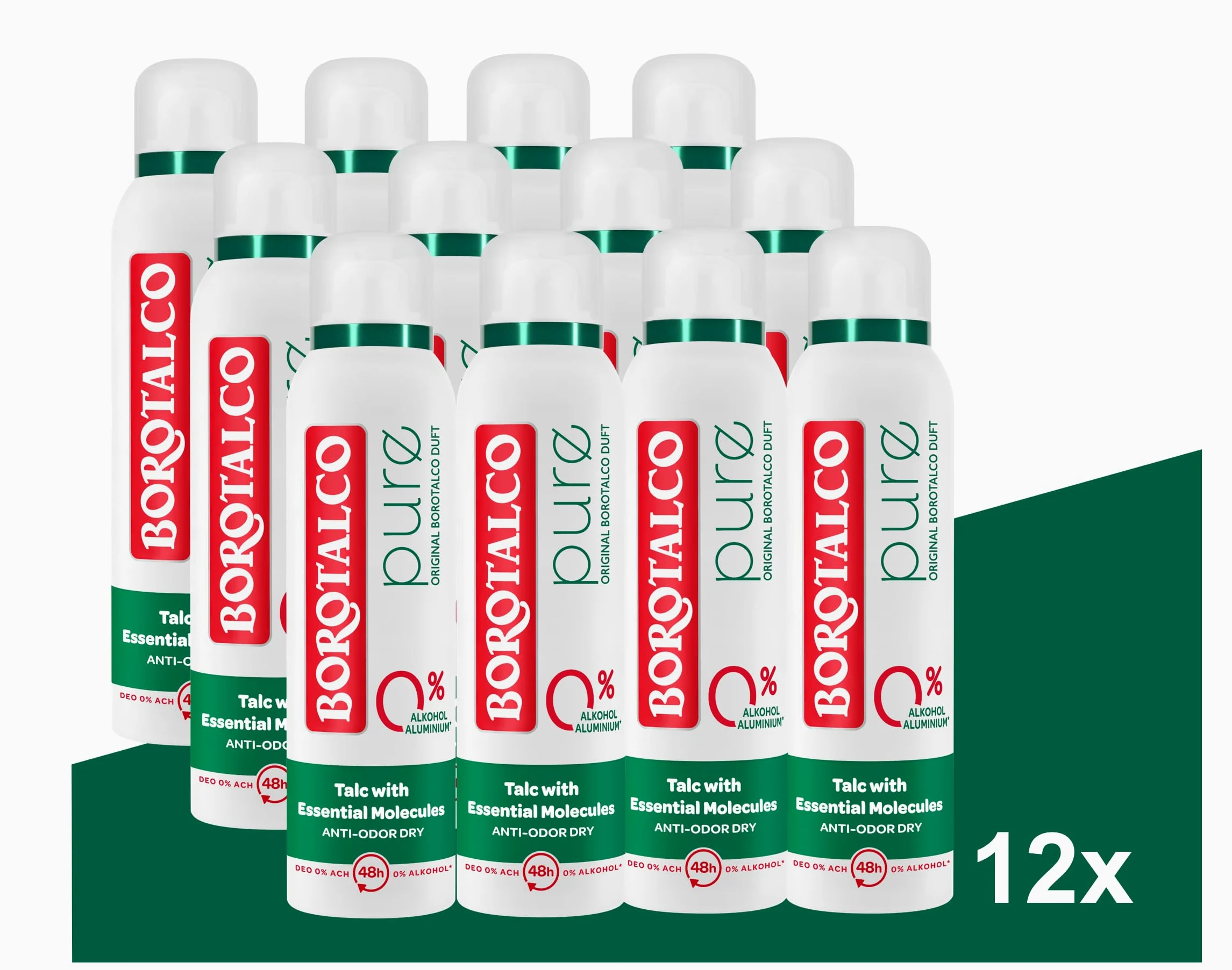 Borotalco Deo Pure Original 12 x 150 ml – spray do ciała – skuteczność przez 48 godzin – Talc with Essential Molecules – formuła przeciw poceniu i zapachom – 0% soli aluminium (ACH) – dla mężczyzn i