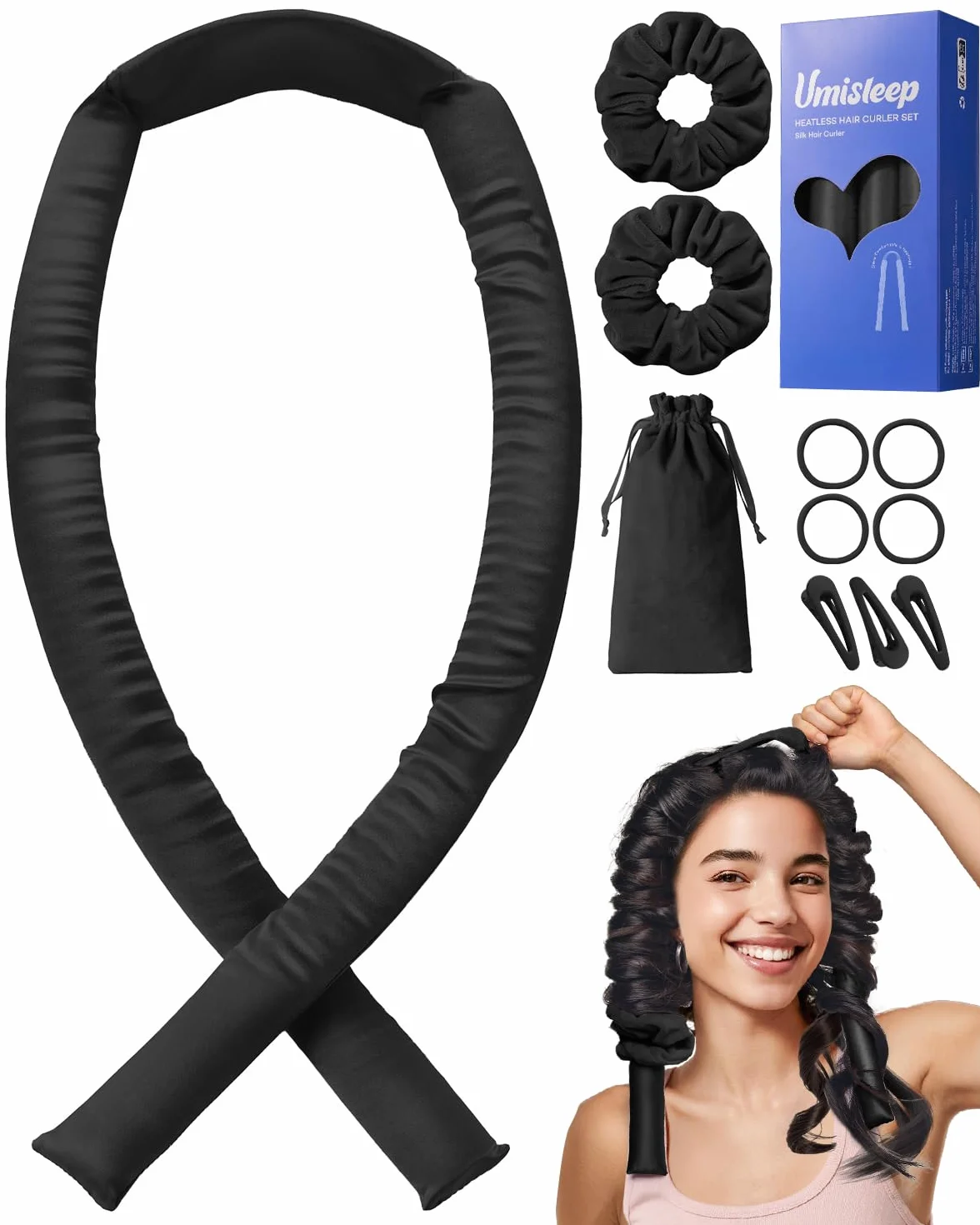 Umisleep Heatless lokówka do włosów, jedwabna ochrona włosów, Heatless Curls z zestawem loków, 99 cm, do samodzielnego wykonania, do długich włosów, antypoślizgowe loki, czarna