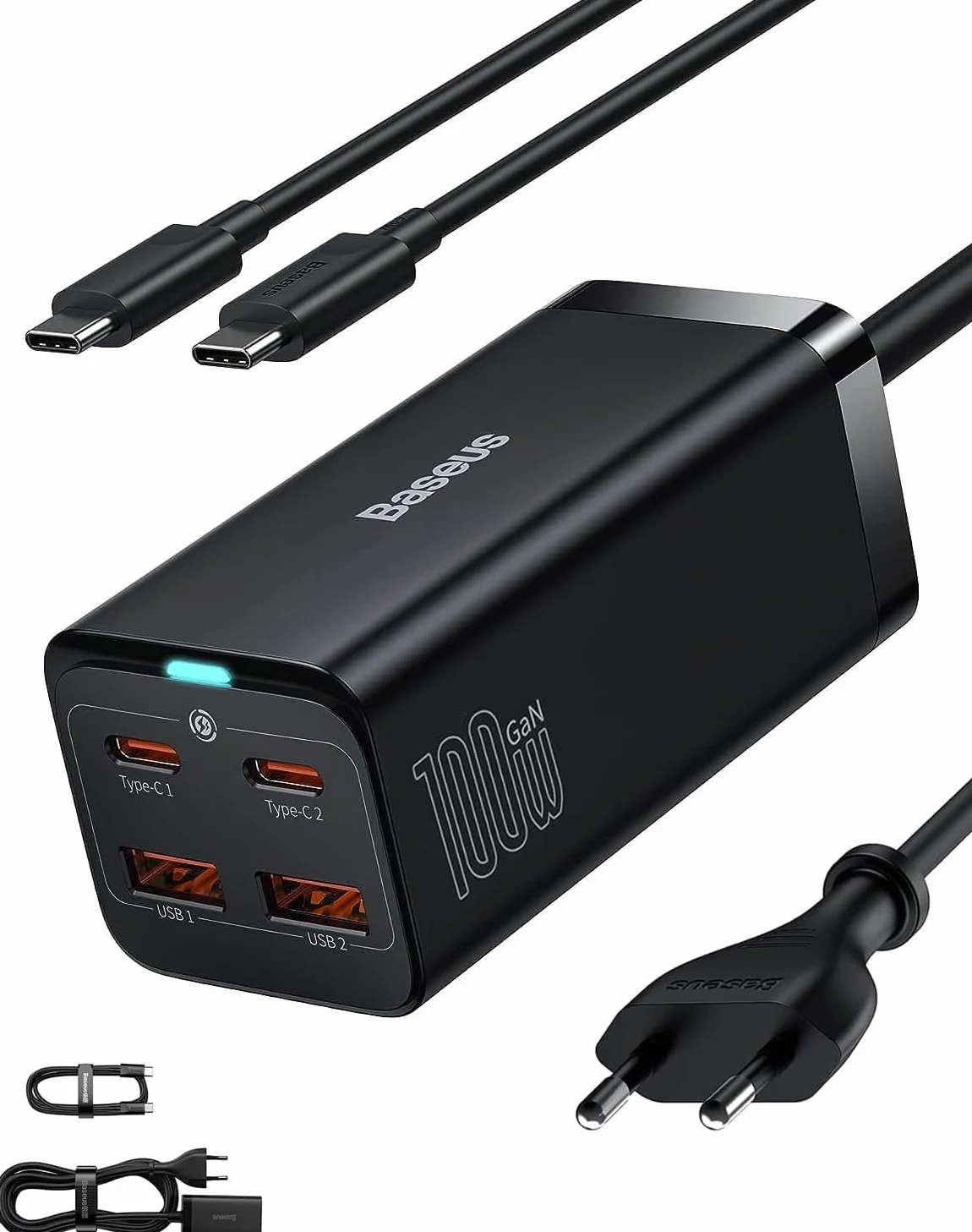 Baseus Ładowarka USB C 100 W PD GaN III, 4-portowa, szybka, kompaktowa, z kablem AC 1,5 m, zasilacz do Mac-Book Pro 16", Mac-Book Air, iPad Pro, Steam Deck, Galaxy S23, Note 20, iPhone 15/14/13/12