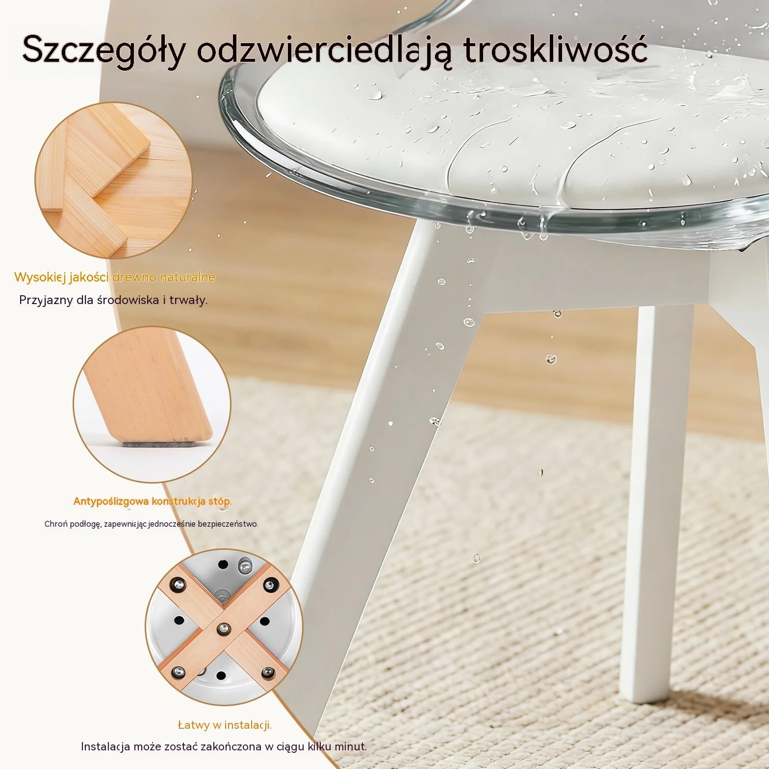 Nowoczesne Krzesła Jadalniane Zestaw 2 Sztuk, Tapicerowane z Zakrzywionym Oparciem, Przezroczysty Biały