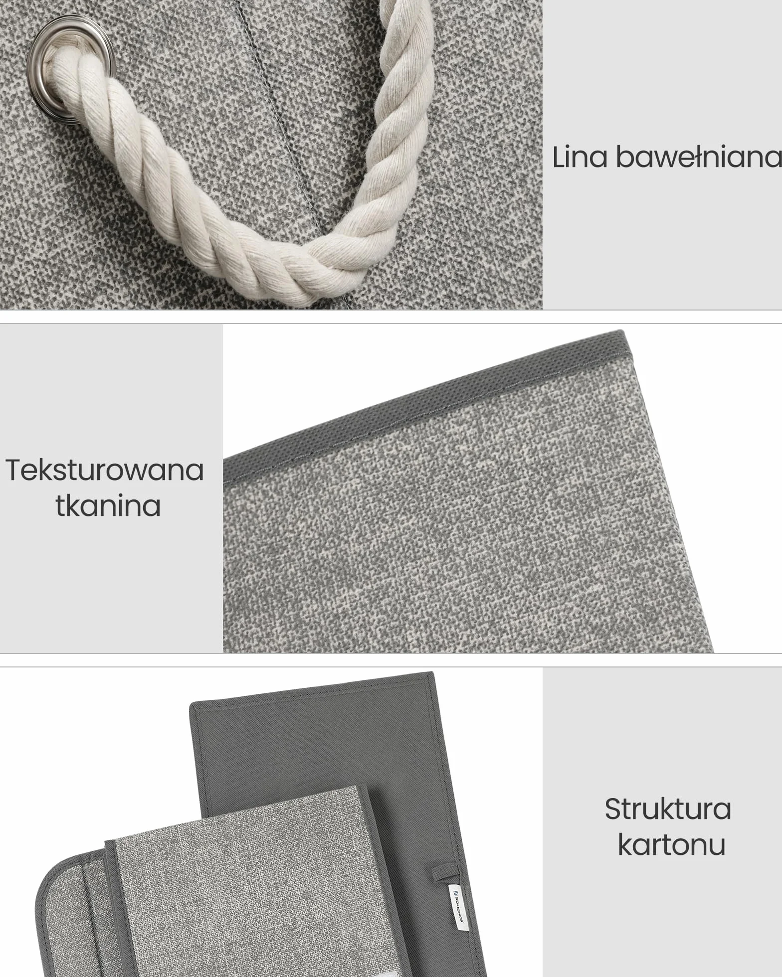 SONGMICS Pudełka do przechowywania, zestaw 3, materiałowe pudełka z pokrywą, bawełniane uchwyty, wygląd lnu, szary RFB013G02