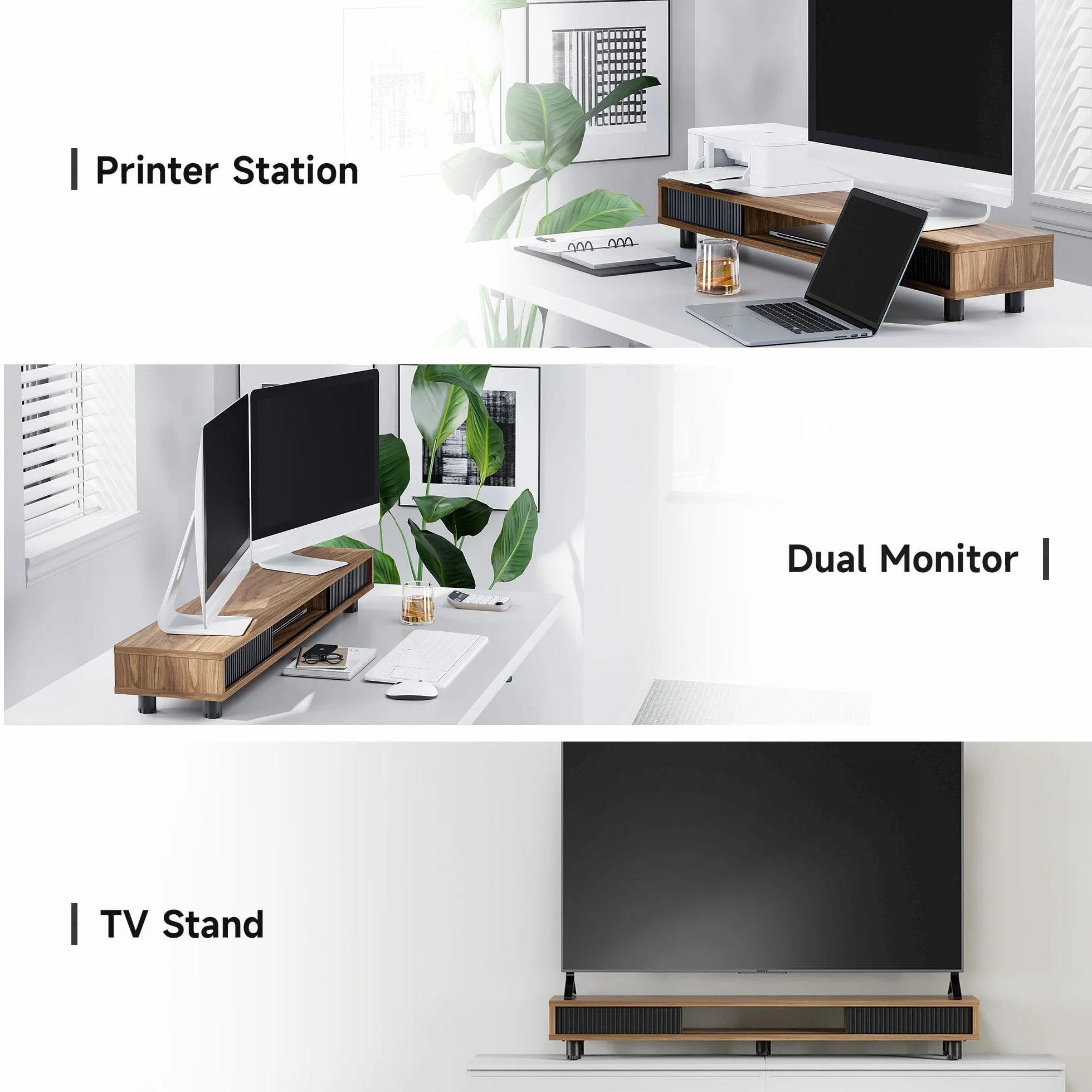 Fenge Podstawka pod monitor z przesuwanymi szklanymi drzwiami, 108 cm, duży stojak na komputer na 2 monitory, PC, laptopa, drukarkę, telewizor, domowe biuro, organizer na biurko (brązowy)