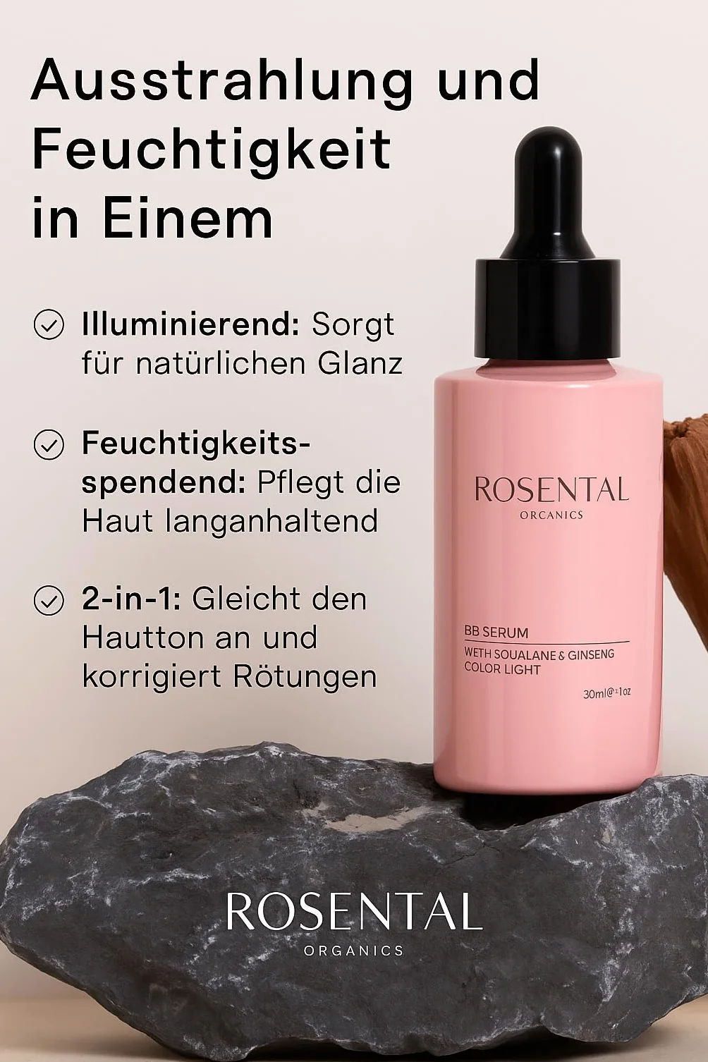ROSENTAL ORGANICS BB Serum (30ml) - 2-w-1 Makijaż & Pielęgnacja Skóry Skwalan, Aloe Vera & Żeń-szeń - Tonowane Serum do Twarzy - Nawilżająca Pielęgnacja Twarzy - Nowa Formuła (Średnia)