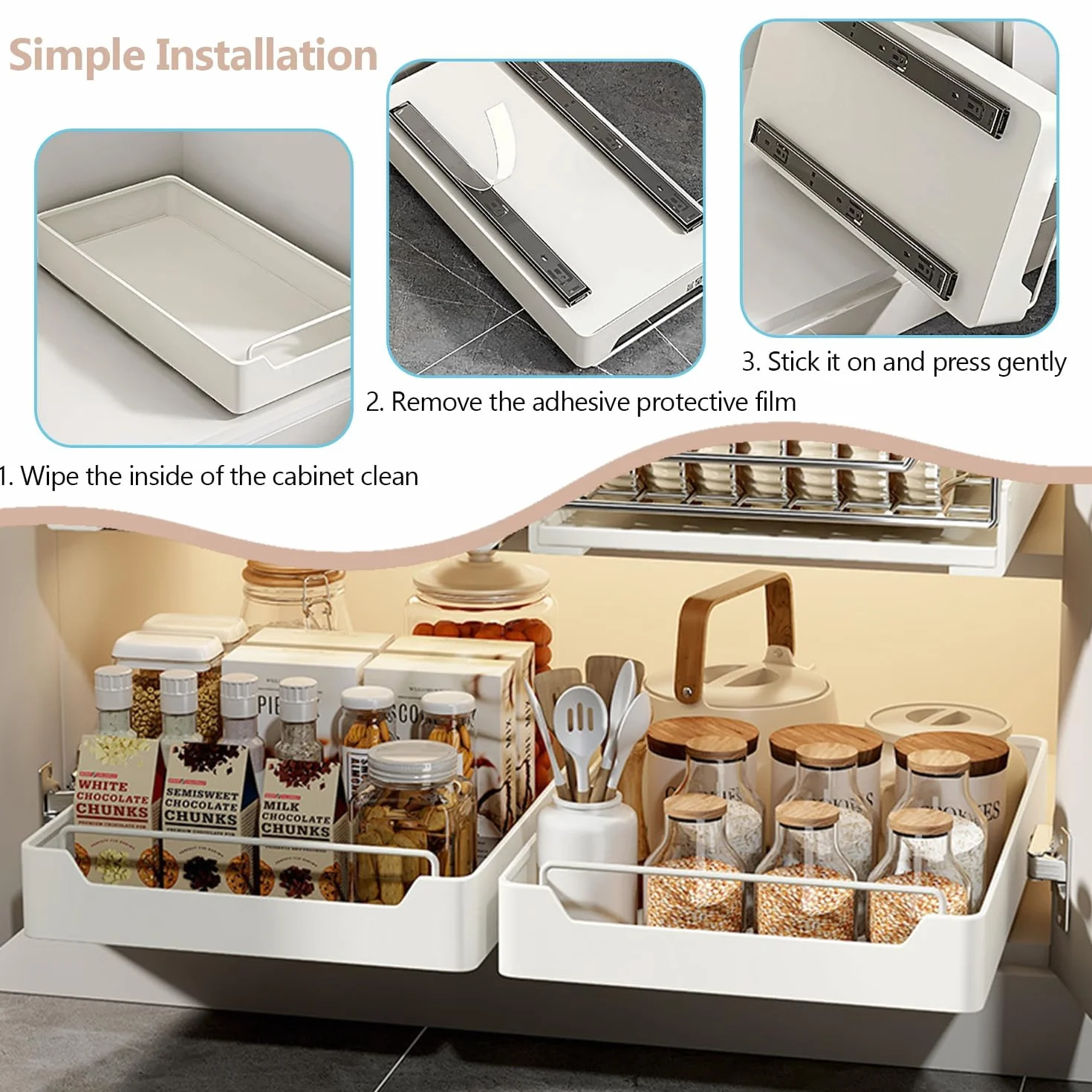 Wysuwana szuflada kuchenna 43 x 25 x 7,5 cm teleskopowa ze stali węglowej i tworzywa sztucznego organizer