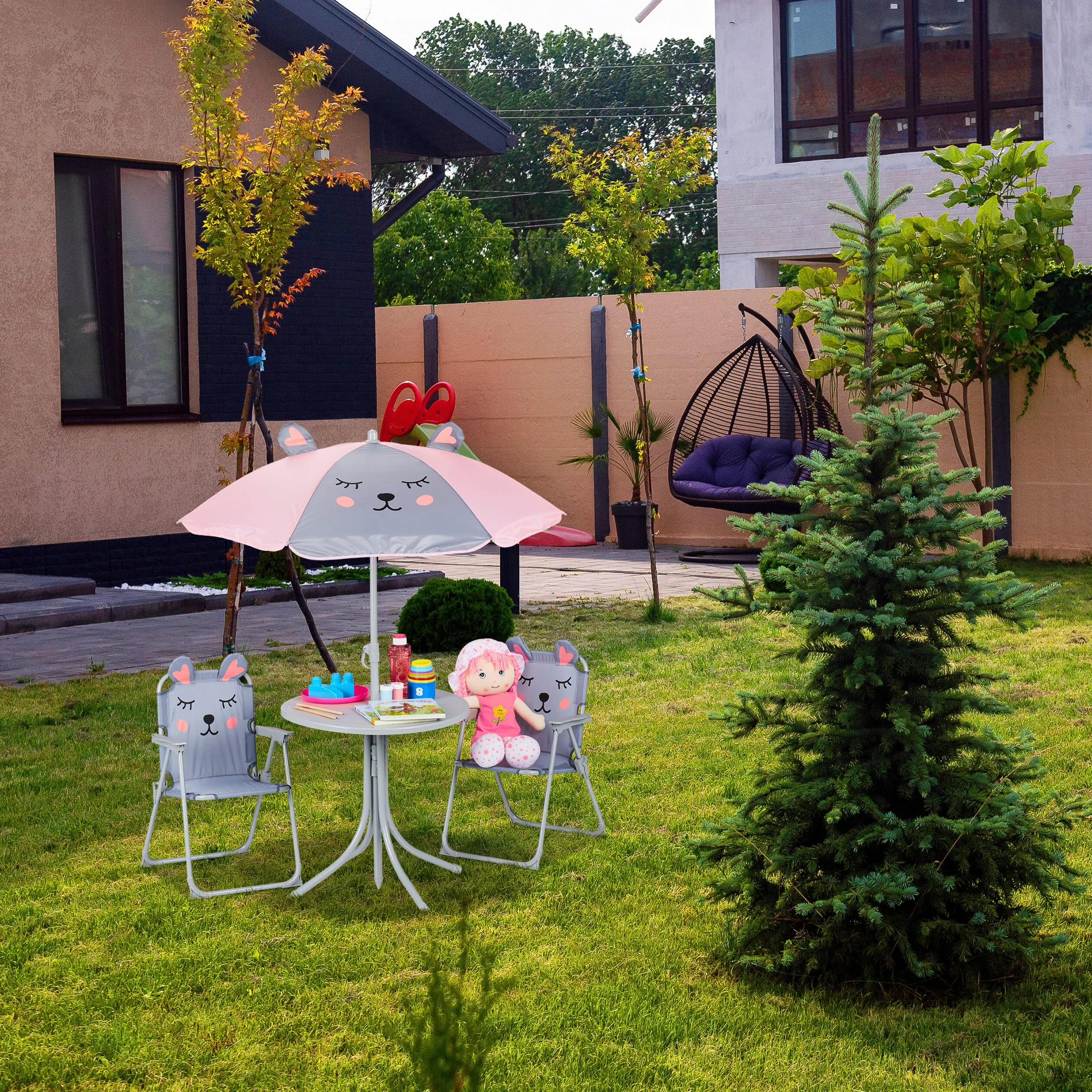 Relaxdays Kempingowy zestaw fotelików dziecięcych, zestaw fotelików dziecięcych z parasolem, składane krzesła i stół, motyw zwierząt, ogród, niebieski, 50% żelazo, 126 x 100 x 100 cm